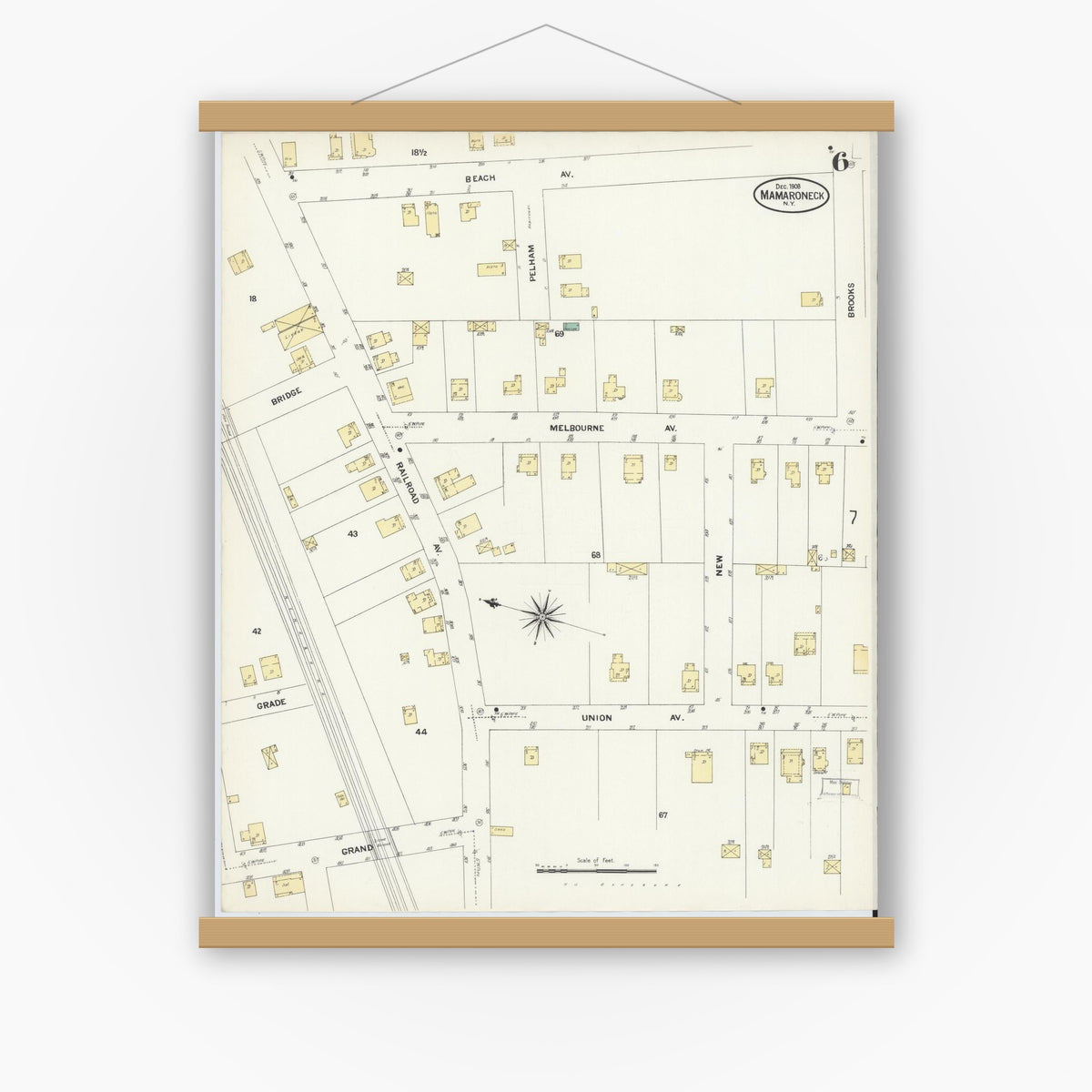 Old map wall art mockup — magnetic wood frame on white wall — Sanborn Fire Insurance Map from Mamaroneck, Westchester County, New York (1908), Sheet #0006