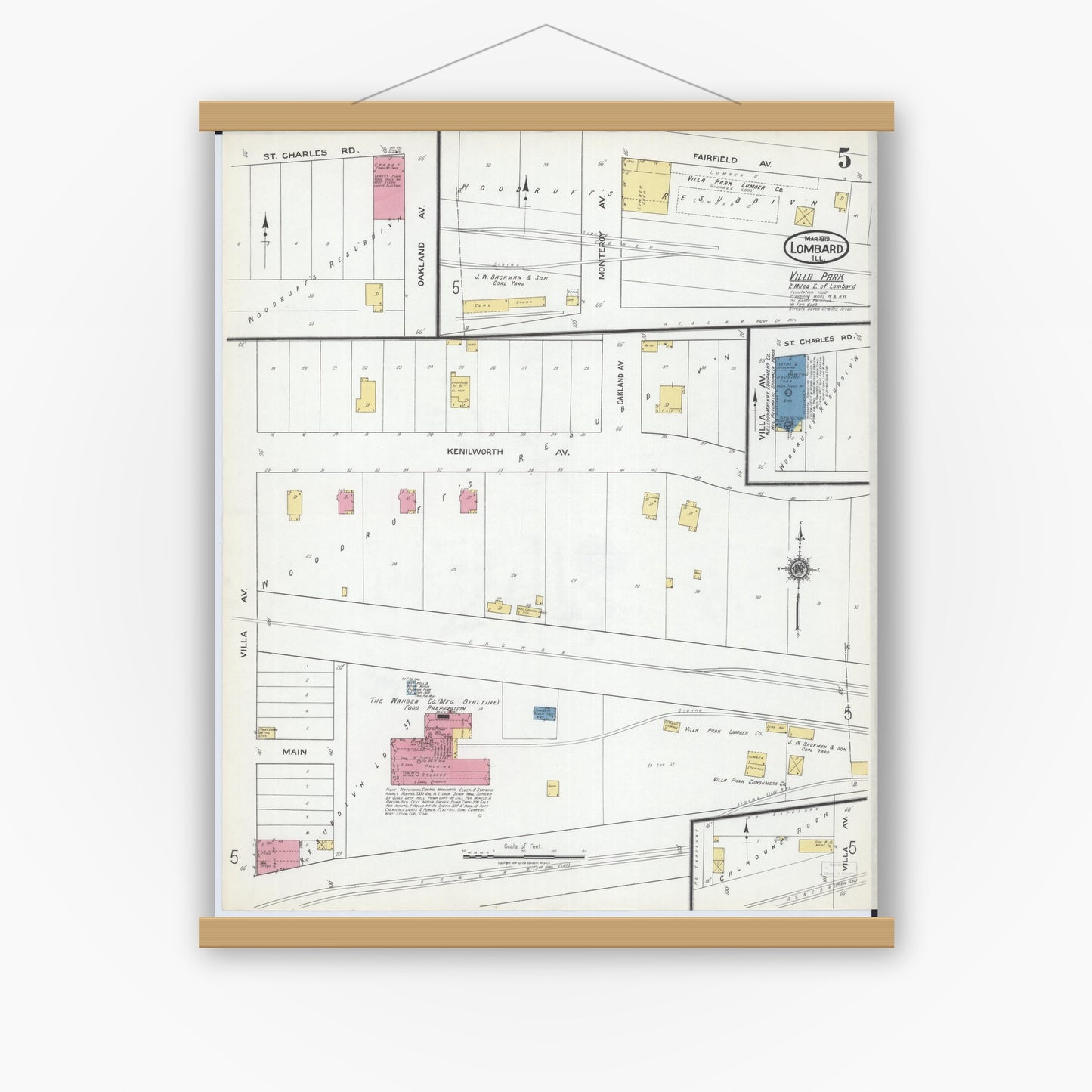 Old map wall art mockup — magnetic wood frame on white wall — Sanborn Fire Insurance Map from Lombard, Du Page County, Illinois (1919), Sheet #0005