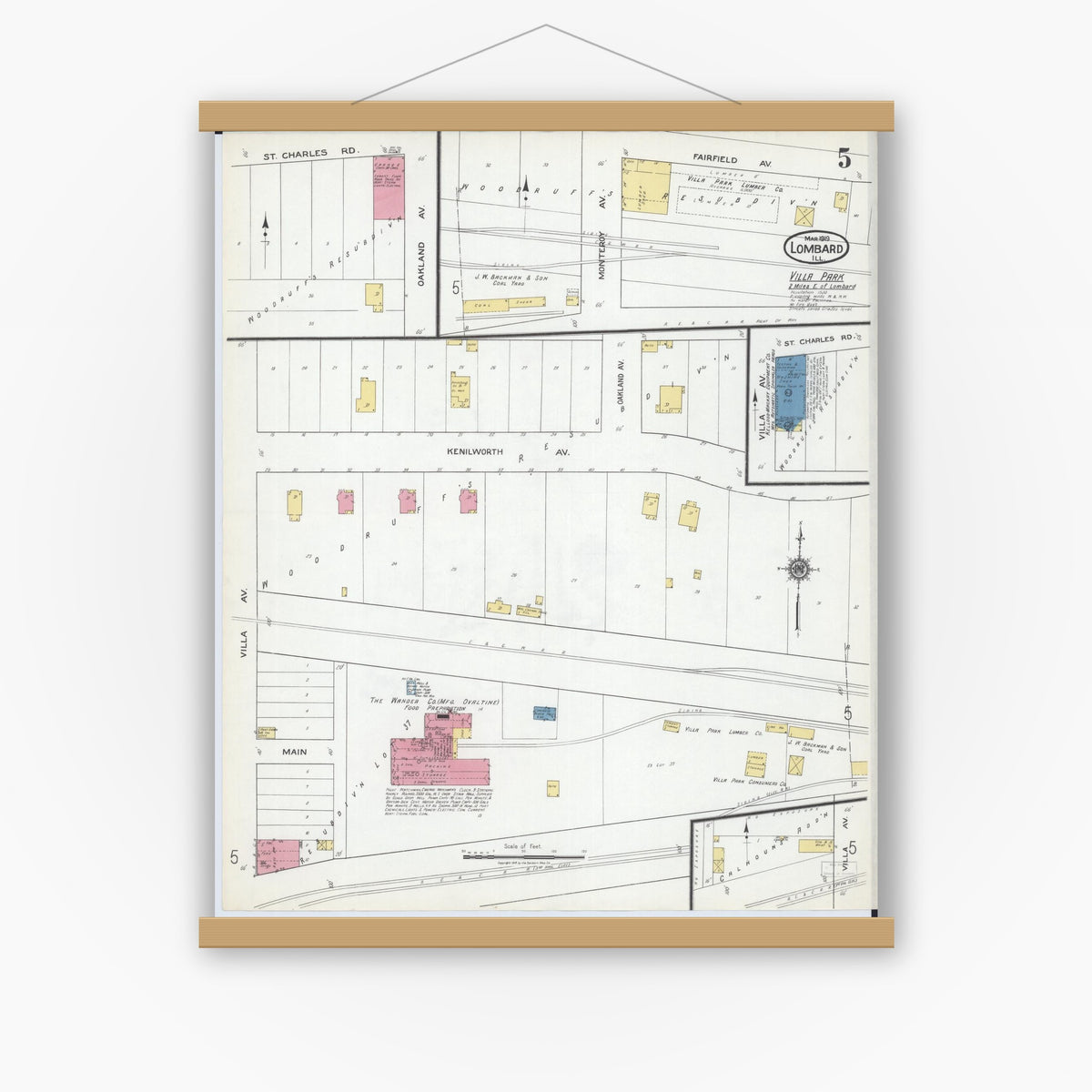 Old map wall art mockup — magnetic wood frame on white wall — Sanborn Fire Insurance Map from Lombard, Du Page County, Illinois (1919), Sheet #0005