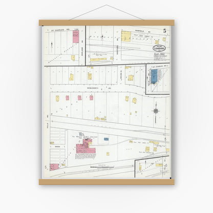 Old map wall art mockup — magnetic wood frame on white wall — Sanborn Fire Insurance Map from Lombard, Du Page County, Illinois (1919), Sheet #0005