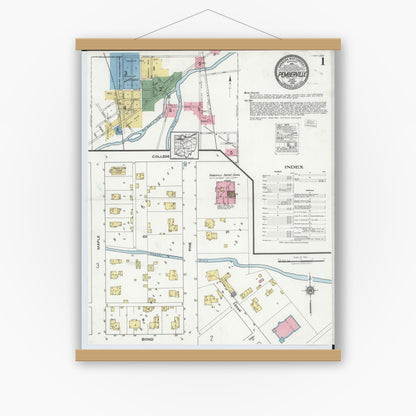 Old map wall art mockup — magnetic wood frame on white wall — Sanborn Fire Insurance Map from Pemberville, Wood County, Ohio (1920), Sheet #0001