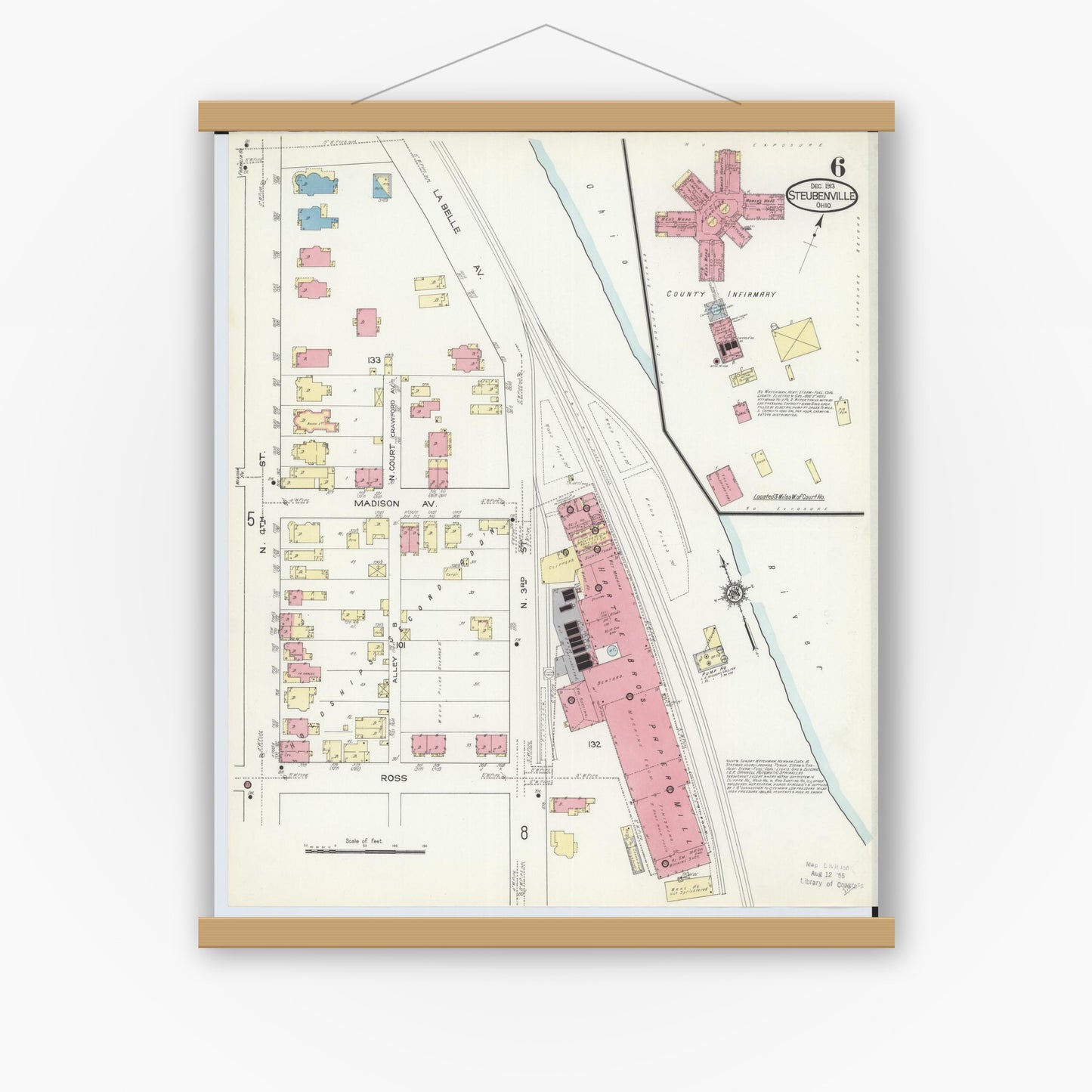 Old map wall art mockup — magnetic wood frame on white wall — Sanborn Fire Insurance Map from Steubenville, Jefferson County, Ohio (1913), Sheet #0006