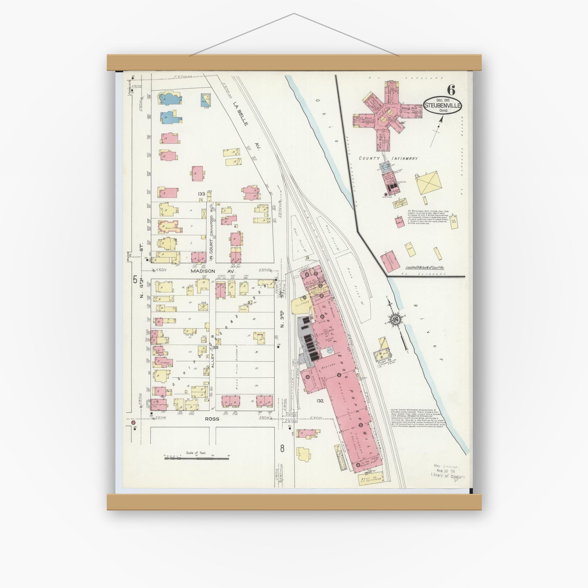 Old map wall art mockup — magnetic wood frame on white wall — Sanborn Fire Insurance Map from Steubenville, Jefferson County, Ohio (1913), Sheet #0006