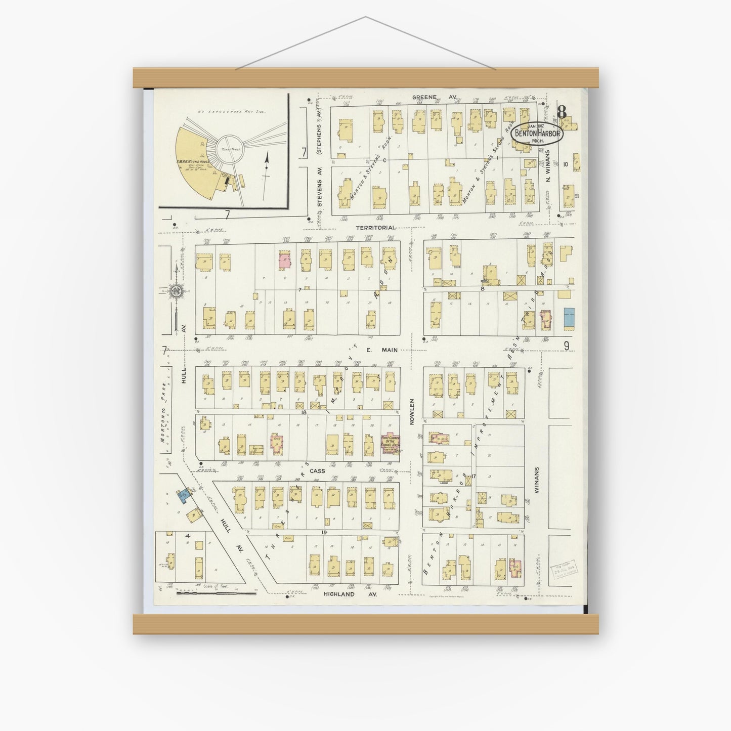 Old map wall art mockup — magnetic wood frame on white wall — Sanborn Fire Insurance Map from Benton Harbor, Berrien County, Michigan (1917), Sheet #0008