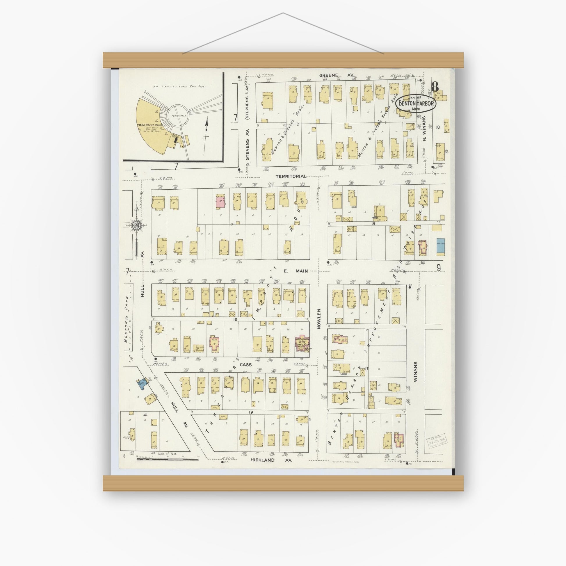 Old map wall art mockup — magnetic wood frame on white wall — Sanborn Fire Insurance Map from Benton Harbor, Berrien County, Michigan (1917), Sheet #0008