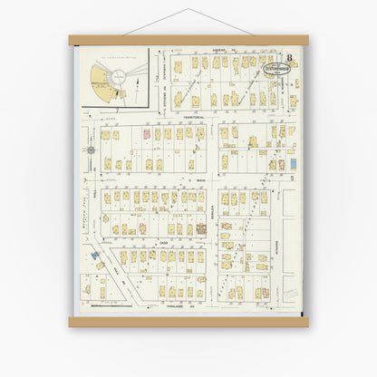 Old map wall art mockup — magnetic wood frame on white wall — Sanborn Fire Insurance Map from Benton Harbor, Berrien County, Michigan (1917), Sheet #0008