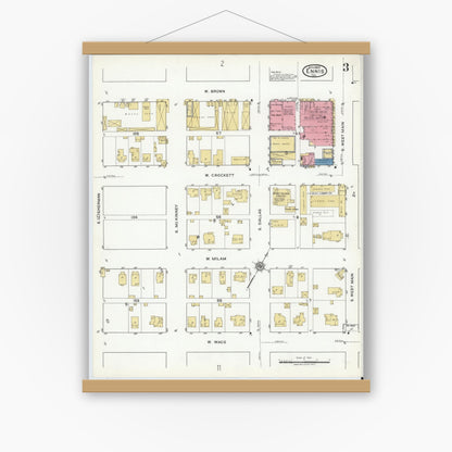 Old map wall art mockup — magnetic wood frame on white wall — Sanborn Fire Insurance Map from Ennis, Ellis County, Texas (1920), Sheet #0003