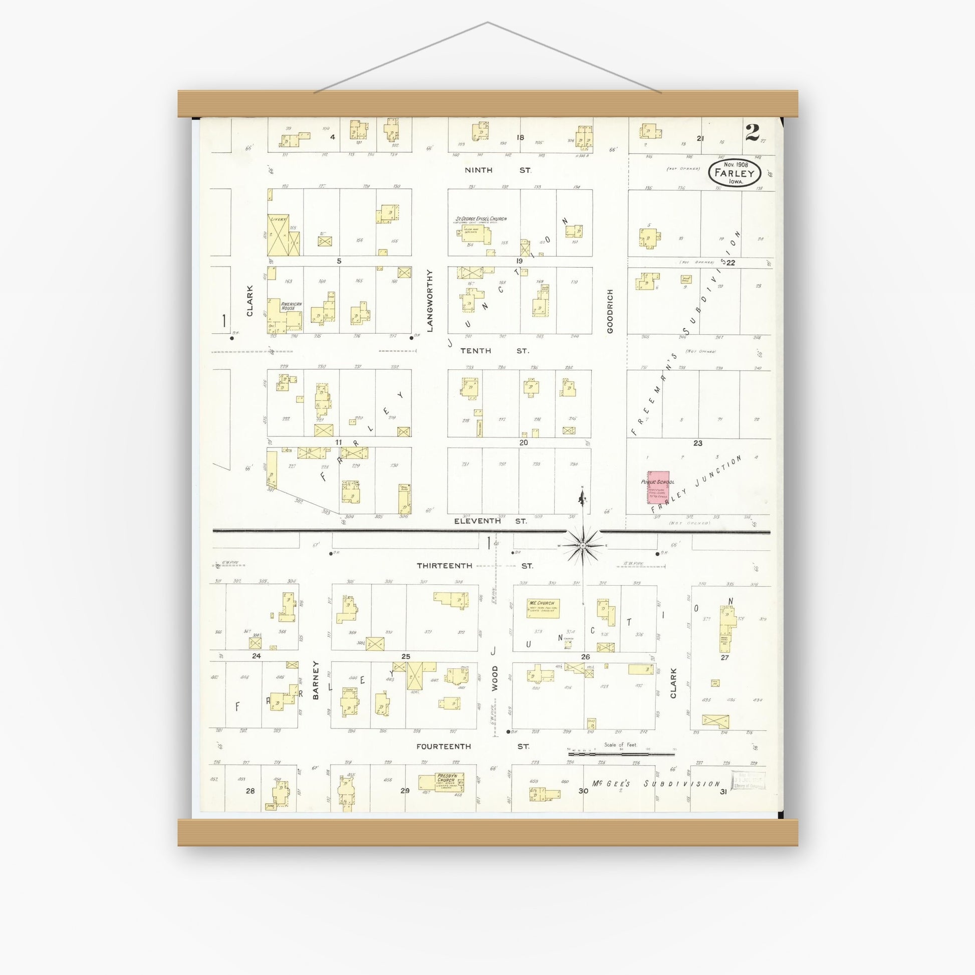 Old map wall art mockup — magnetic wood frame on white wall — Sanborn Fire Insurance Map from Farley, Dubuque County, Iowa (1908), Sheet #0002
