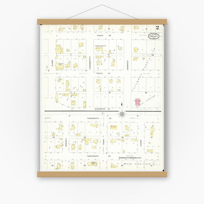 Old map wall art mockup — magnetic wood frame on white wall — Sanborn Fire Insurance Map from Farley, Dubuque County, Iowa (1908), Sheet #0002