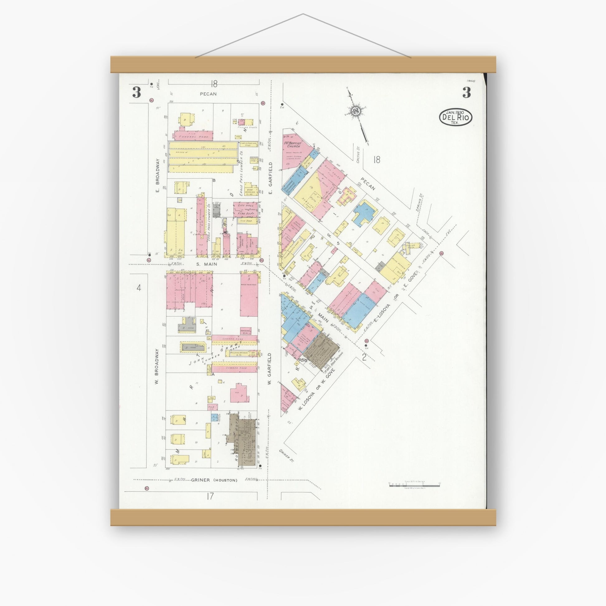 Old map wall art mockup — magnetic wood frame on white wall — Sanborn Fire Insurance Map from Del Rio, Val Verde County, Texas (1930), Sheet #0003