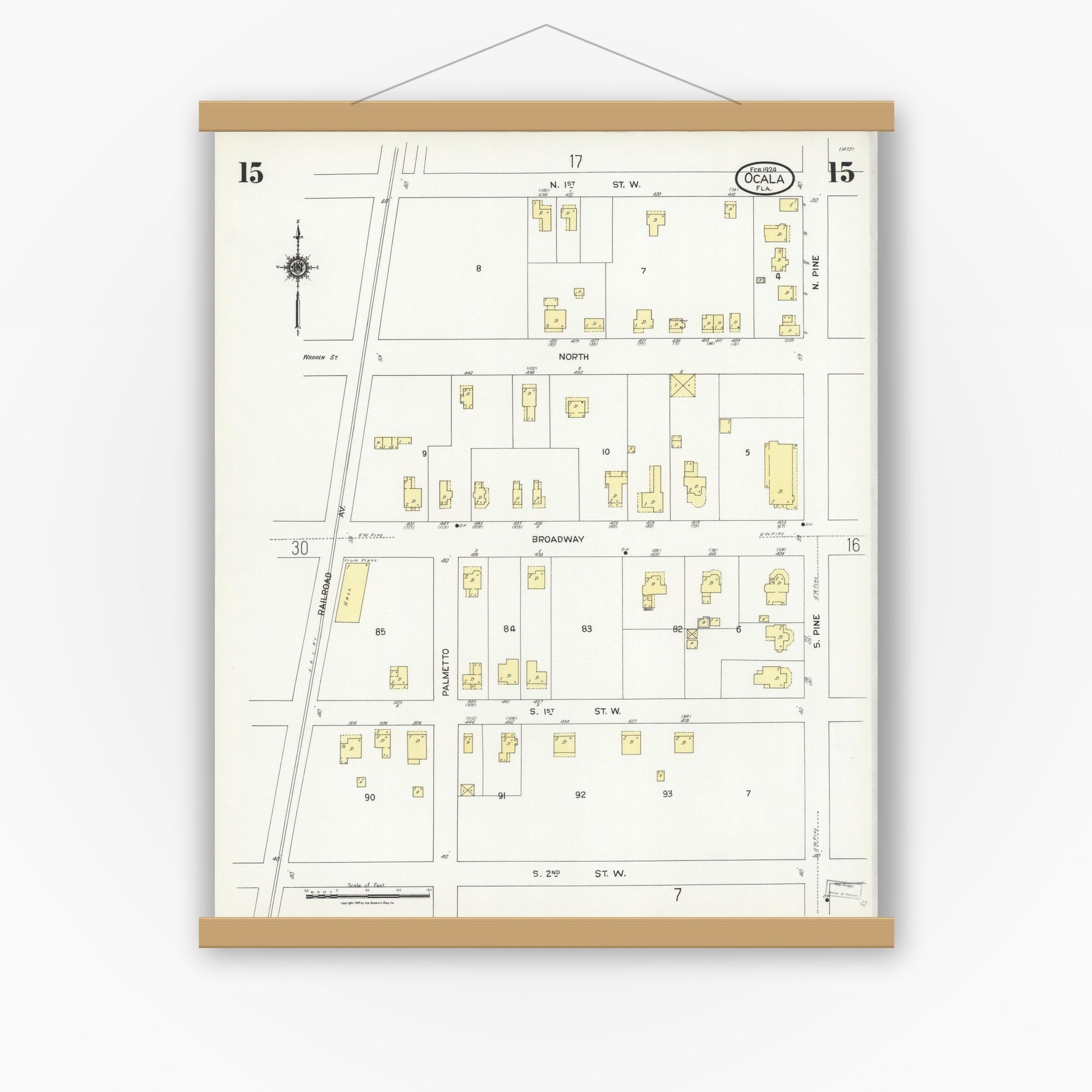 Old map wall art mockup — magnetic wood frame on white wall — Sanborn Fire Insurance Map from Ocala, Marion County, Florida (1924), Sheet #0015