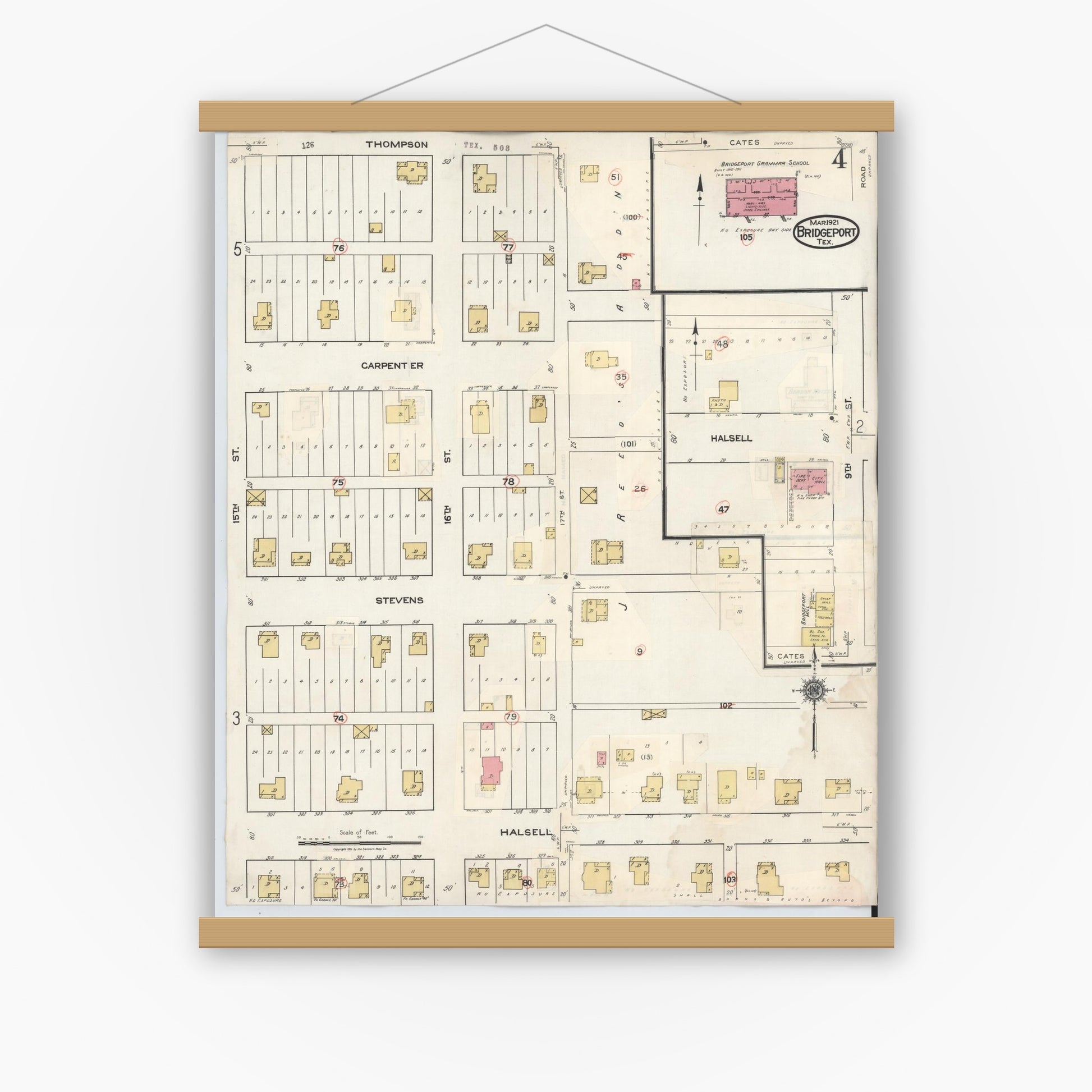 Old map wall art mockup — magnetic wood frame on white wall — Sanborn Fire Insurance Map from Bridgeport, Wise County, Texas (1944), Sheet #0004
