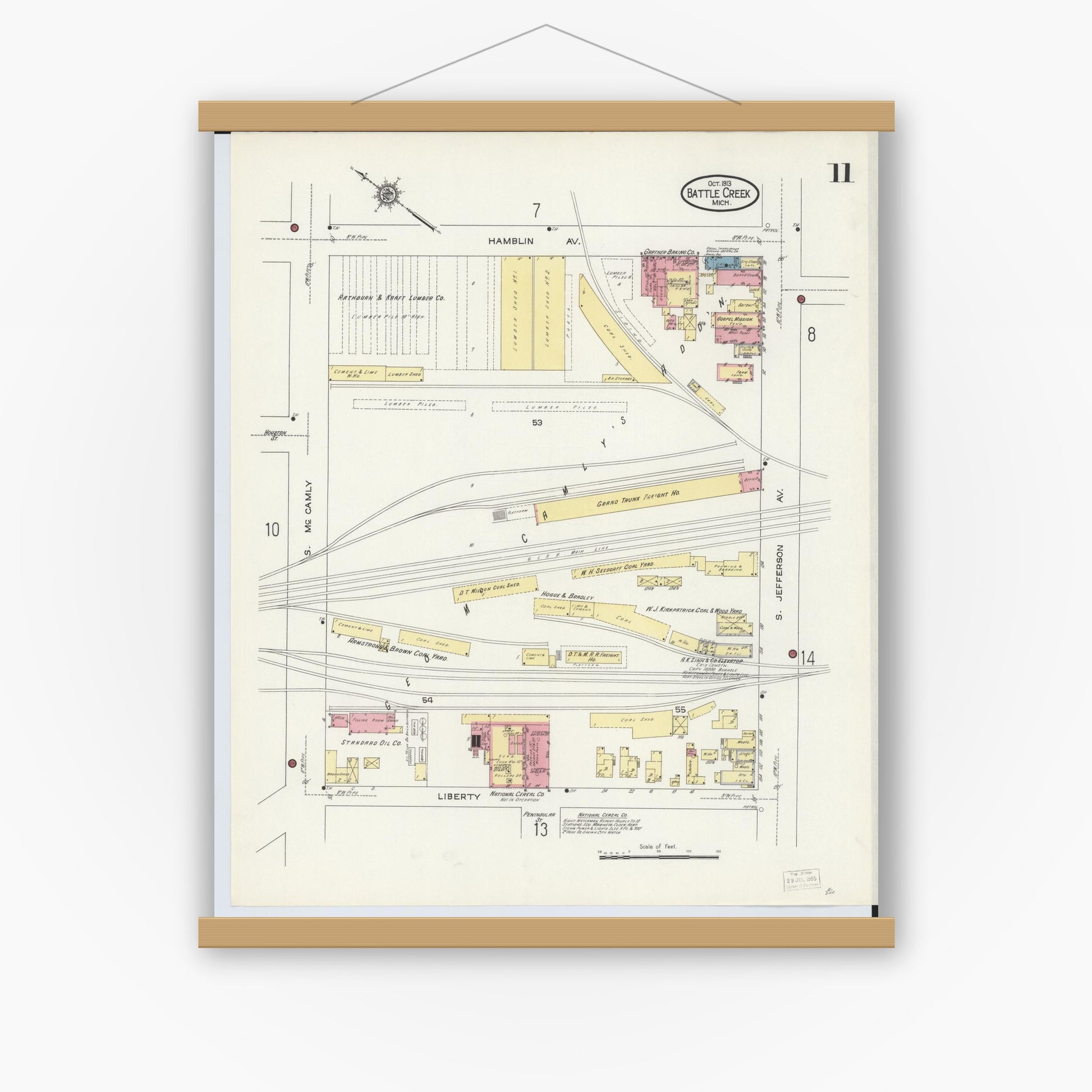Old map wall art mockup — magnetic wood frame on white wall — Sanborn Fire Insurance Map from Battle Creek, Calhoun County, Michigan (1913), Sheet #0011