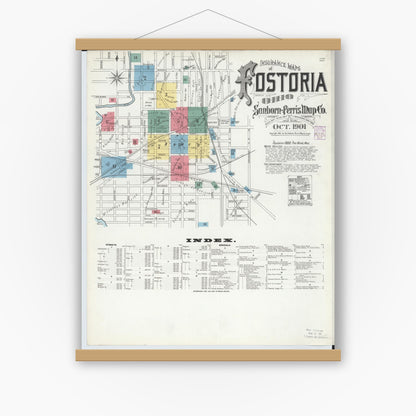Old map wall art mockup — magnetic wood frame on white wall — Sanborn Fire Insurance Map from Fostoria, Seneca, Hancock, And Wood Counties, Ohio (1901) - Complete Map Set