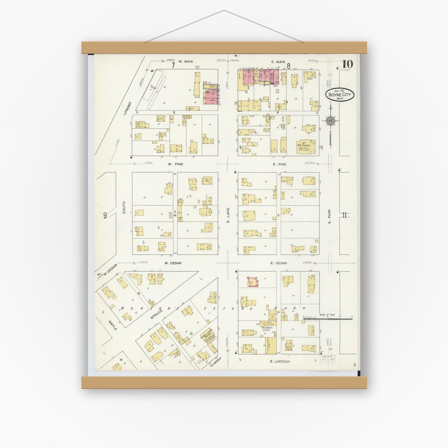 Old map wall art mockup — magnetic wood frame on white wall — Sanborn Fire Insurance Map from Boyne City, Charlevoix County, Michigan (1911), Sheet #0010