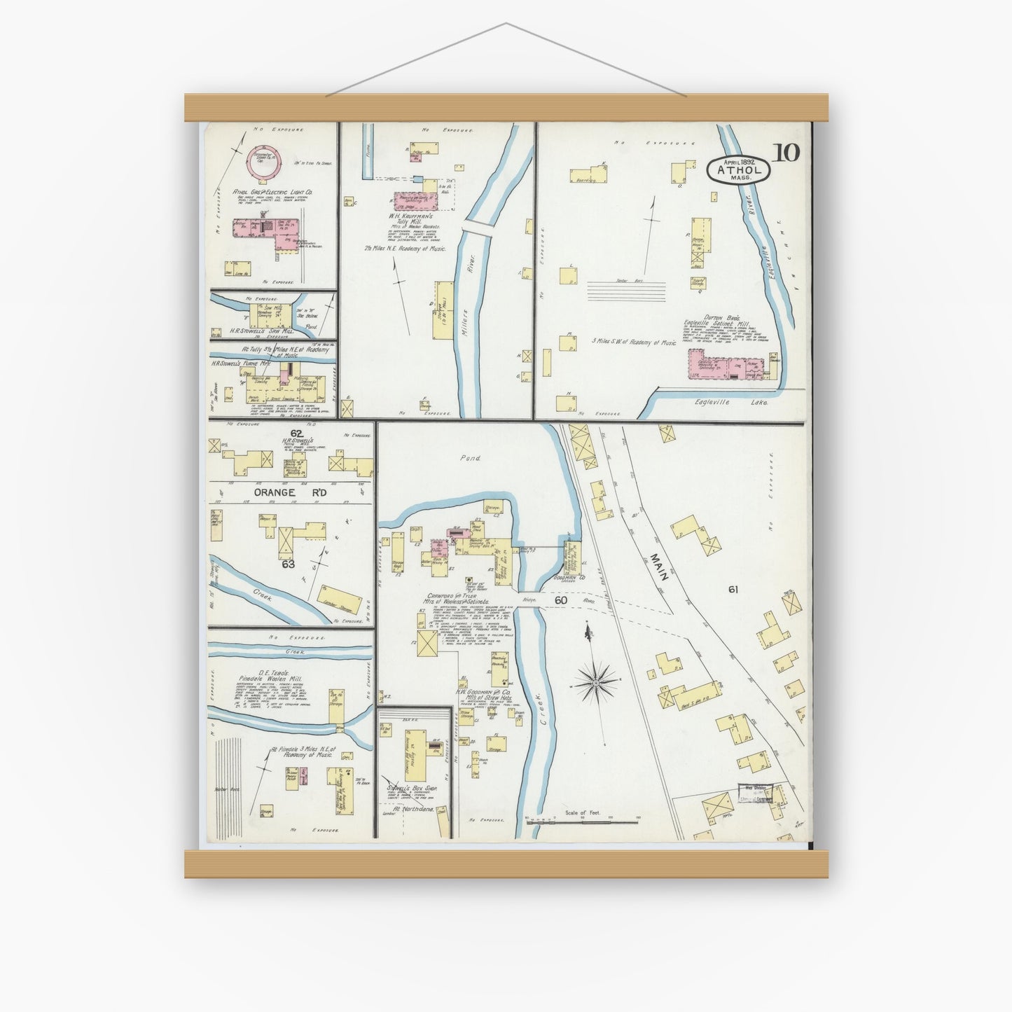 Old map wall art mockup — magnetic wood frame on white wall — Sanborn Fire Insurance Map from Athol, Worcester County, Massachusetts (1892), Sheet #0010