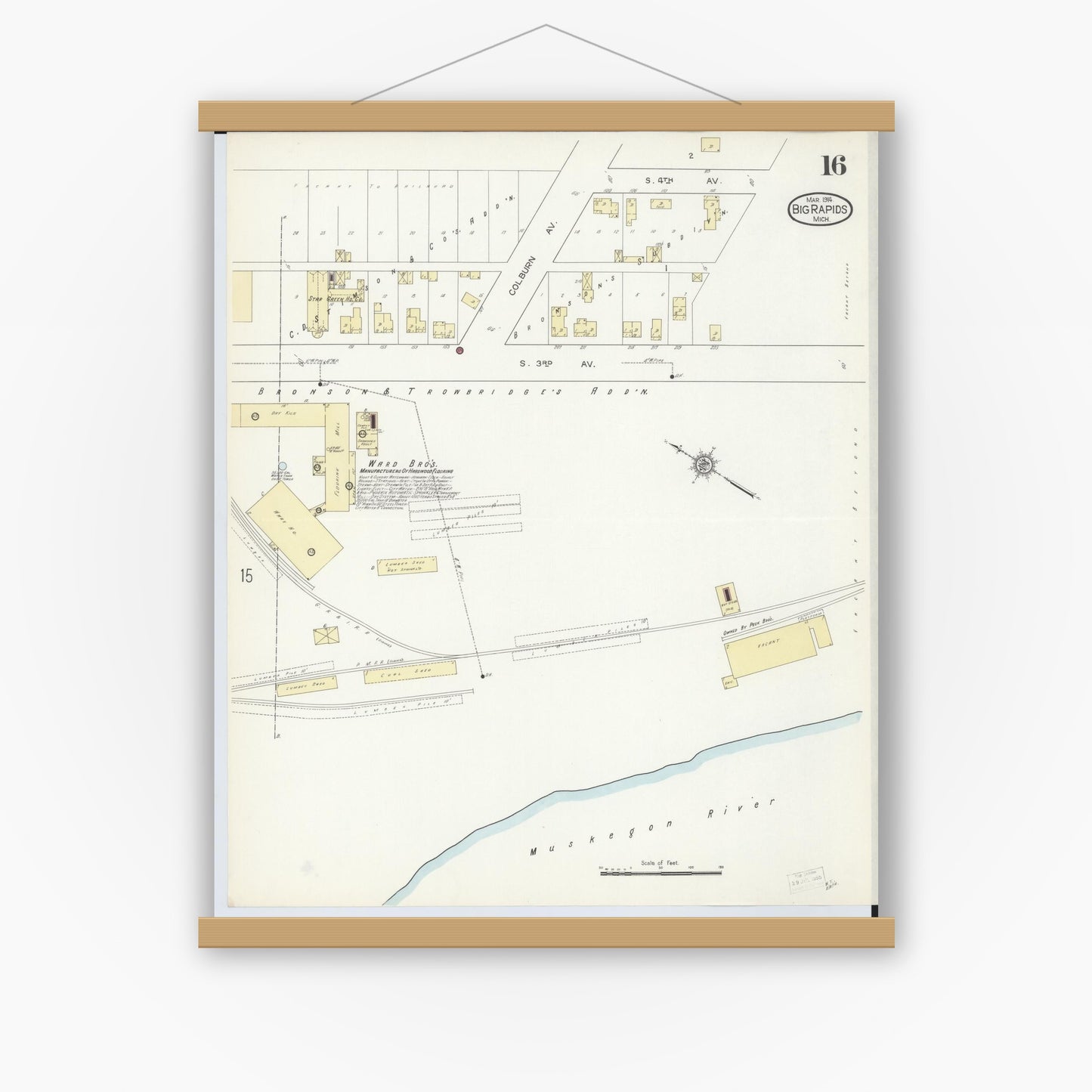 Old map wall art mockup — magnetic wood frame on white wall — Sanborn Fire Insurance Map from Big Rapids, Mecosta County, Michigan (1914), Sheet #0016