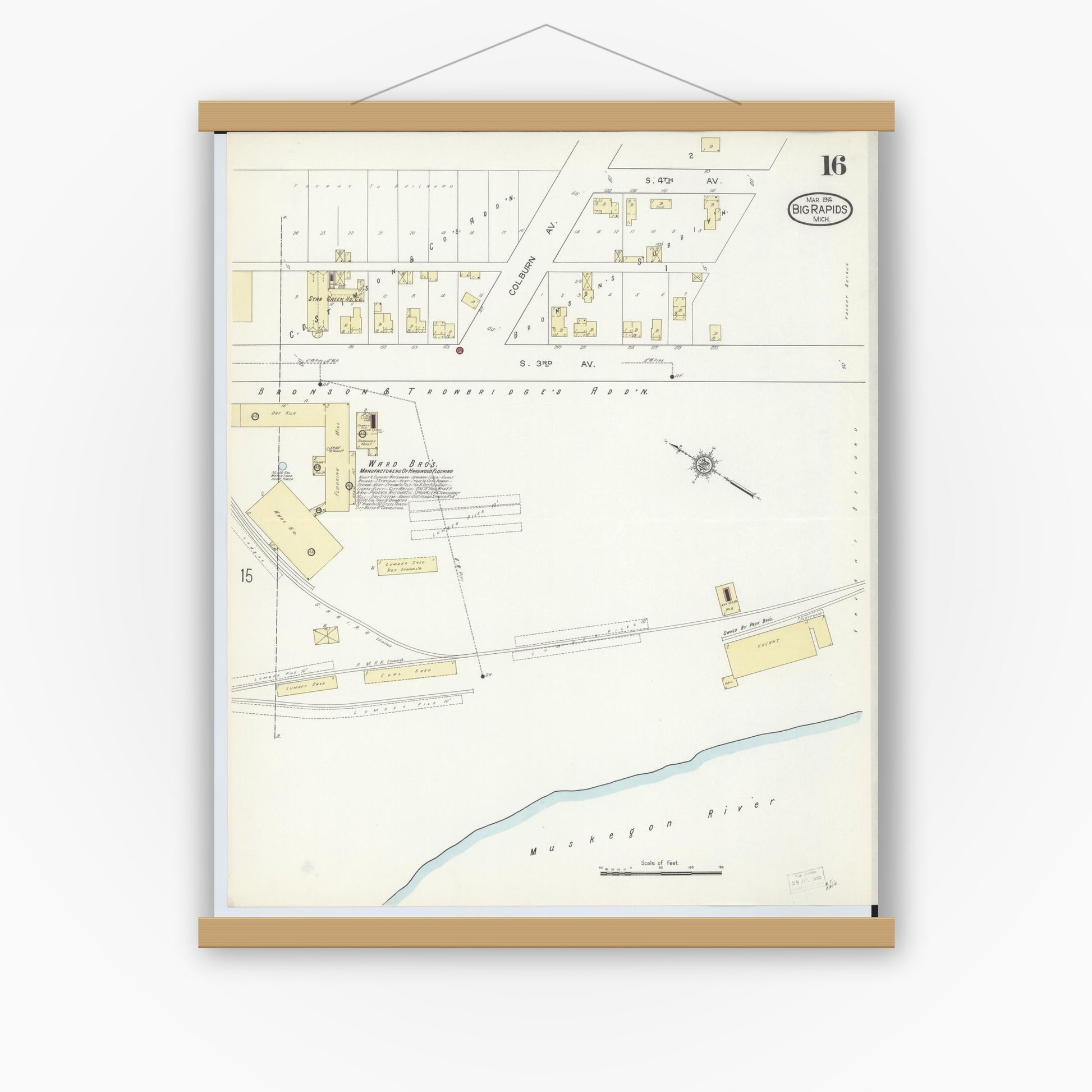 Old map wall art mockup — magnetic wood frame on white wall — Sanborn Fire Insurance Map from Big Rapids, Mecosta County, Michigan (1914), Sheet #0016