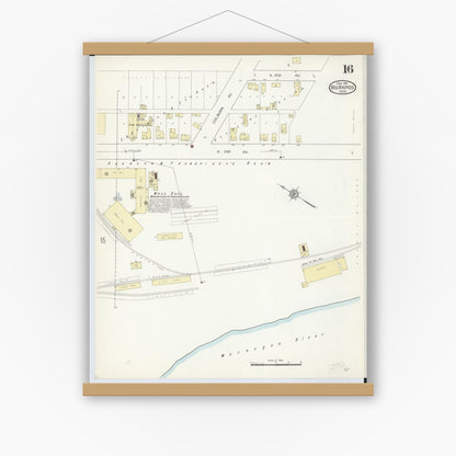 Old map wall art mockup — magnetic wood frame on white wall — Sanborn Fire Insurance Map from Big Rapids, Mecosta County, Michigan (1914), Sheet #0016