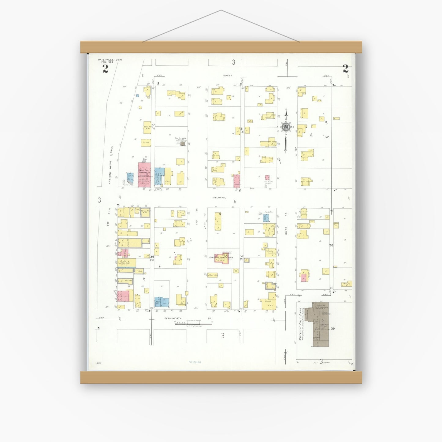 Old map wall art mockup — magnetic wood frame on white wall — Sanborn Fire Insurance Map from Waterville, Lucas County, Ohio (1944), Sheet #0002