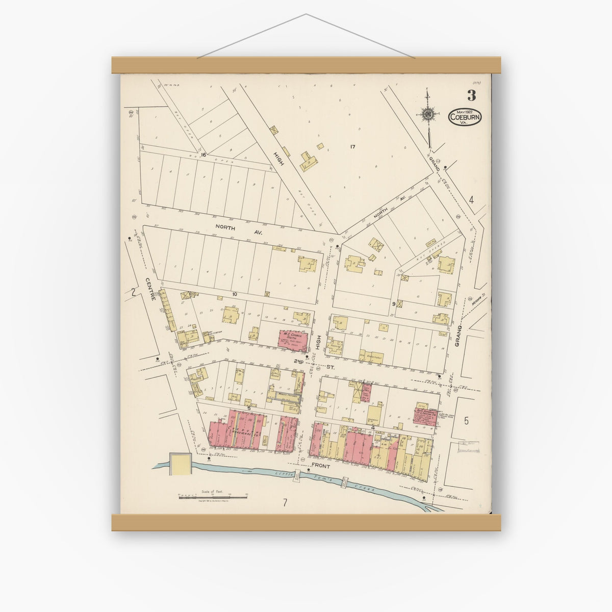 Old map wall art mockup — magnetic wood frame on white wall — Sanborn Fire Insurance Map from Coeburn, Wise County, Virginia (1922), Sheet #0003