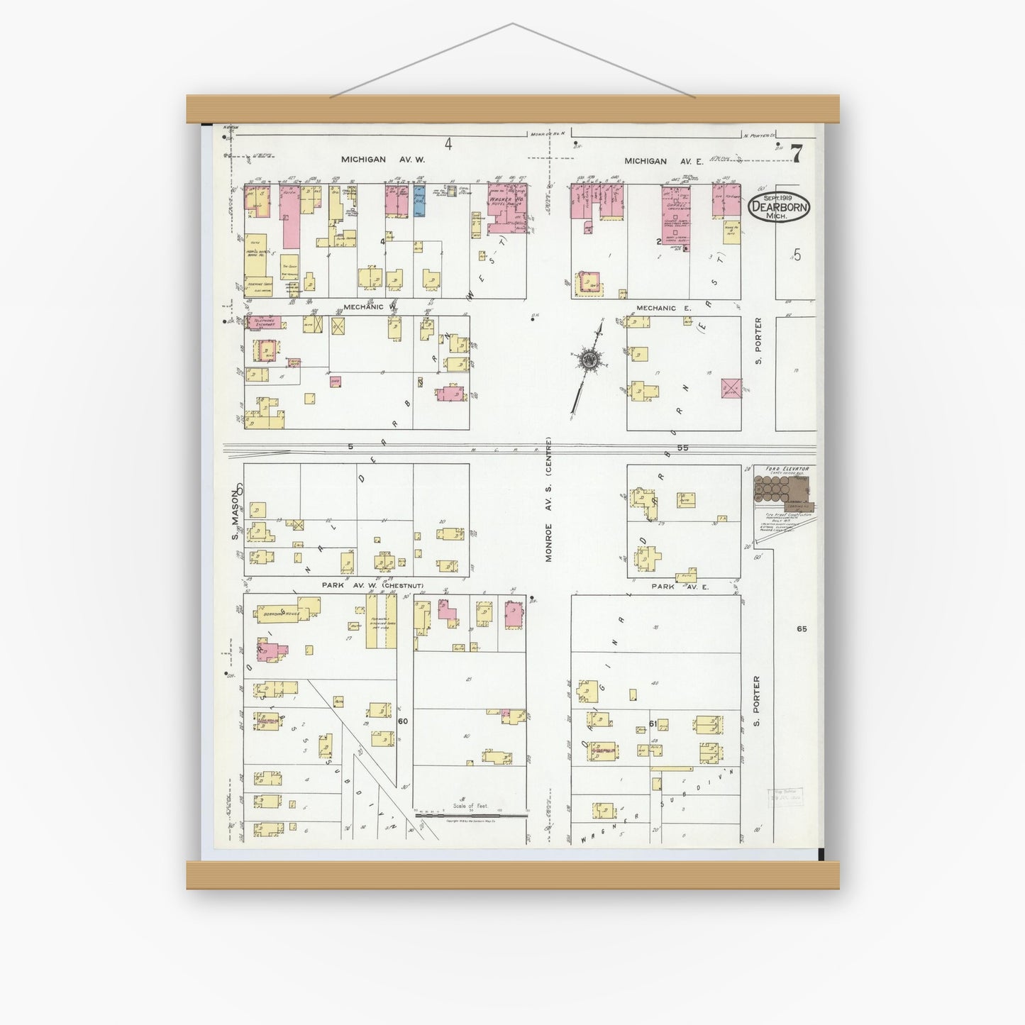 Old map wall art mockup — magnetic wood frame on white wall — Sanborn Fire Insurance Map from Dearborn, Wayne County, Michigan (1919), Sheet #0007