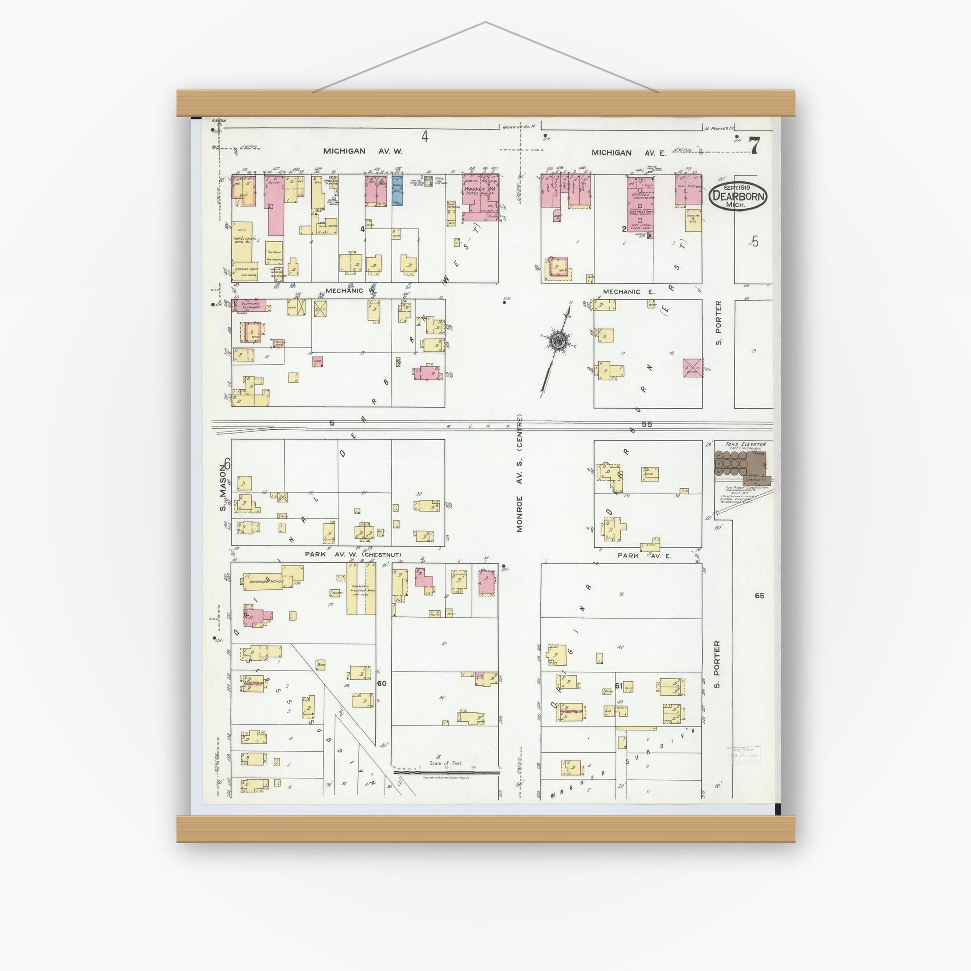 Old map wall art mockup — magnetic wood frame on white wall — Sanborn Fire Insurance Map from Dearborn, Wayne County, Michigan (1919), Sheet #0007