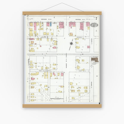 Old map wall art mockup — magnetic wood frame on white wall — Sanborn Fire Insurance Map from Dearborn, Wayne County, Michigan (1919), Sheet #0007