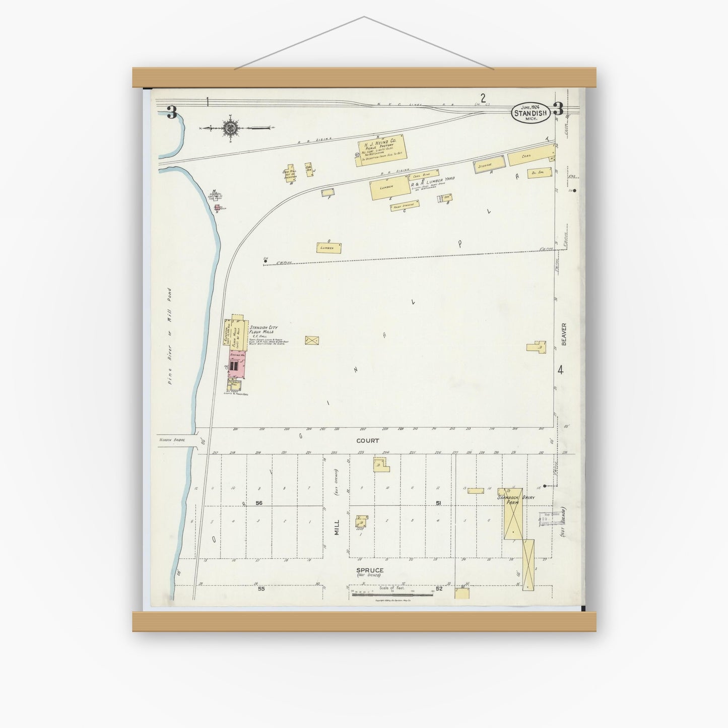 Old map wall art mockup — magnetic wood frame on white wall — Sanborn Fire Insurance Map from Standish, Arenac County, Michigan (1924), Sheet #0003