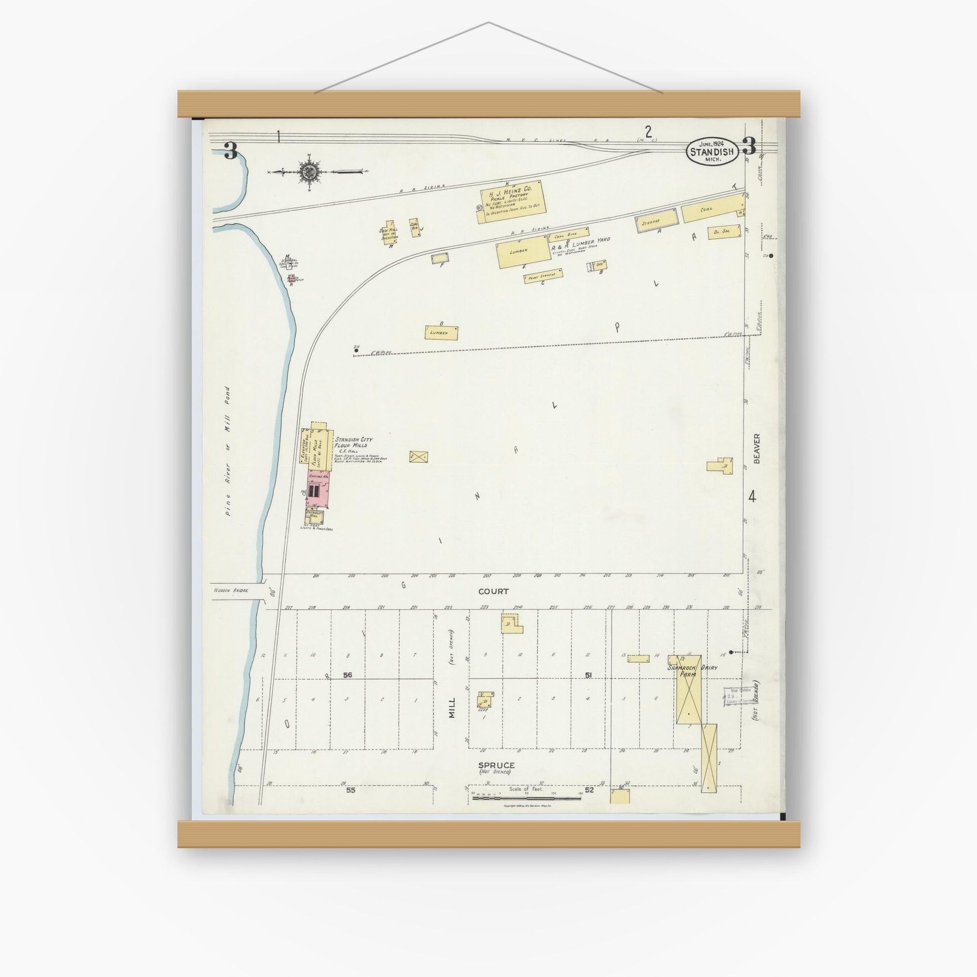 Old map wall art mockup — magnetic wood frame on white wall — Sanborn Fire Insurance Map from Standish, Arenac County, Michigan (1924), Sheet #0003