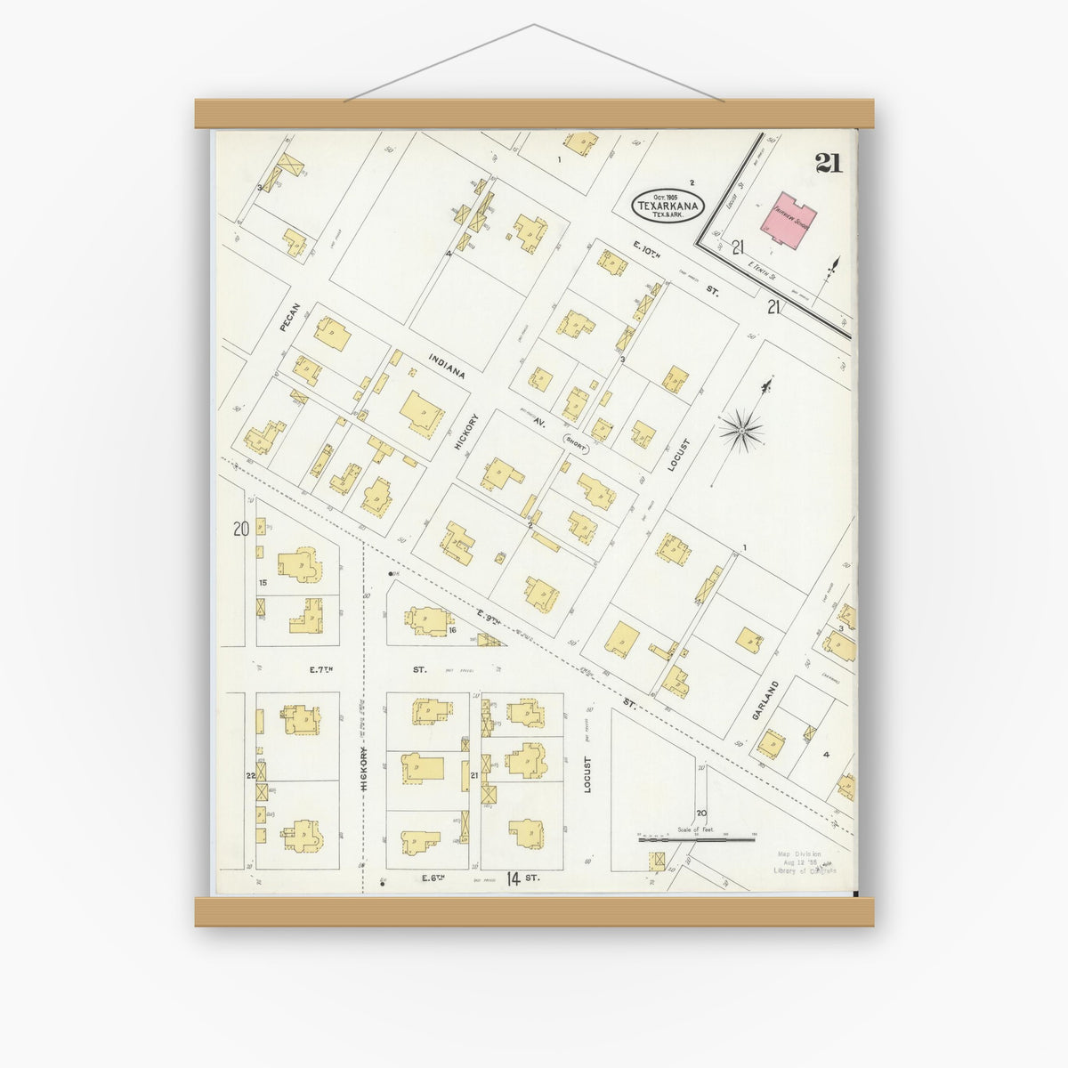 Old map wall art mockup — magnetic wood frame on white wall — Sanborn Fire Insurance Map from Texarkana, Bowie County, Texas (1905), Sheet #0021