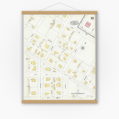 Old map wall art mockup — magnetic wood frame on white wall — Sanborn Fire Insurance Map from Texarkana, Bowie County, Texas (1905), Sheet #0021