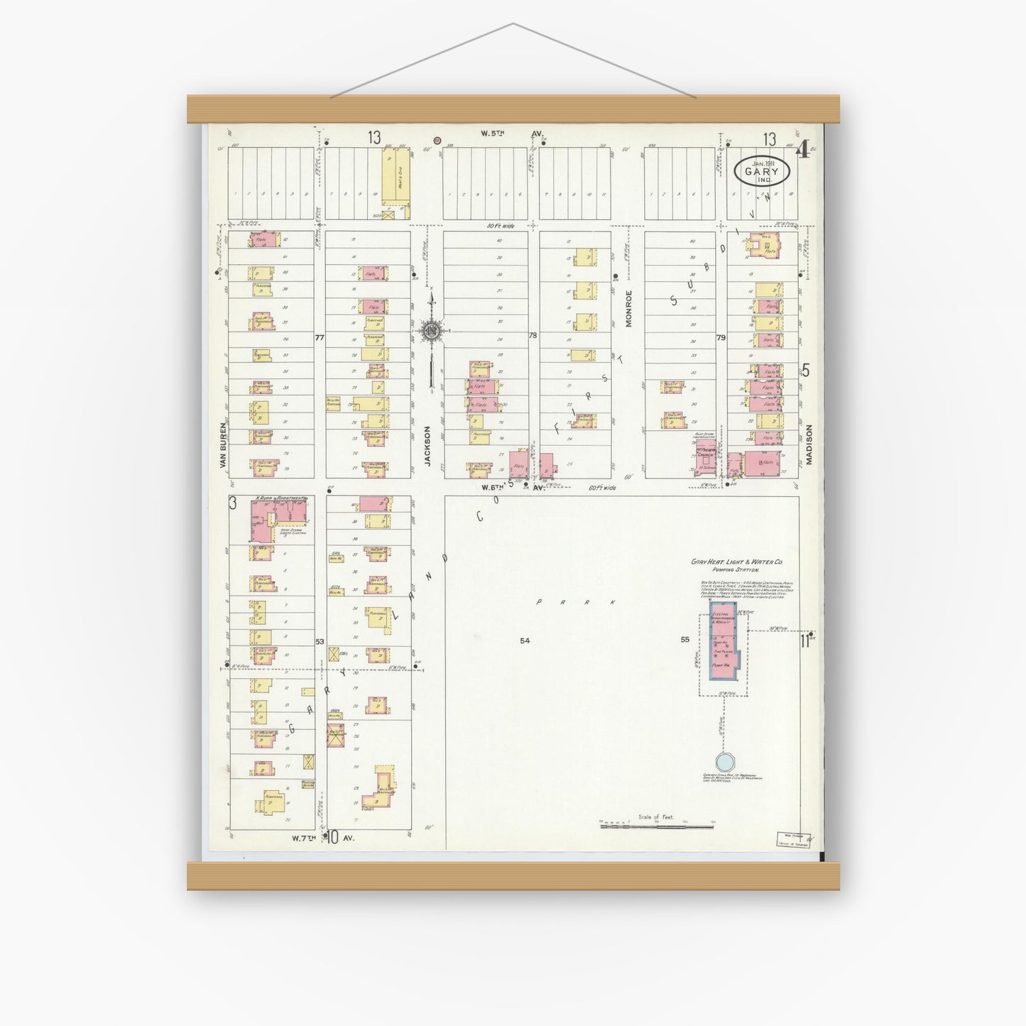 Old map wall art mockup — magnetic wood frame on white wall — Sanborn Fire Insurance Map from Gary, Lake County, Indiana (1911), Sheet #0004