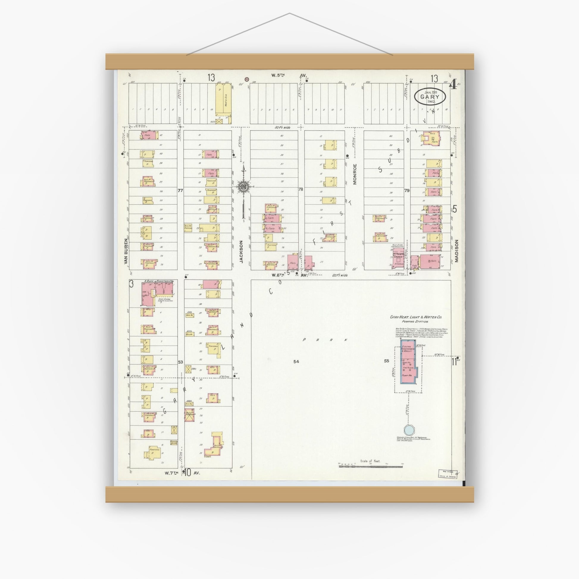 Old map wall art mockup — magnetic wood frame on white wall — Sanborn Fire Insurance Map from Gary, Lake County, Indiana (1911), Sheet #0004