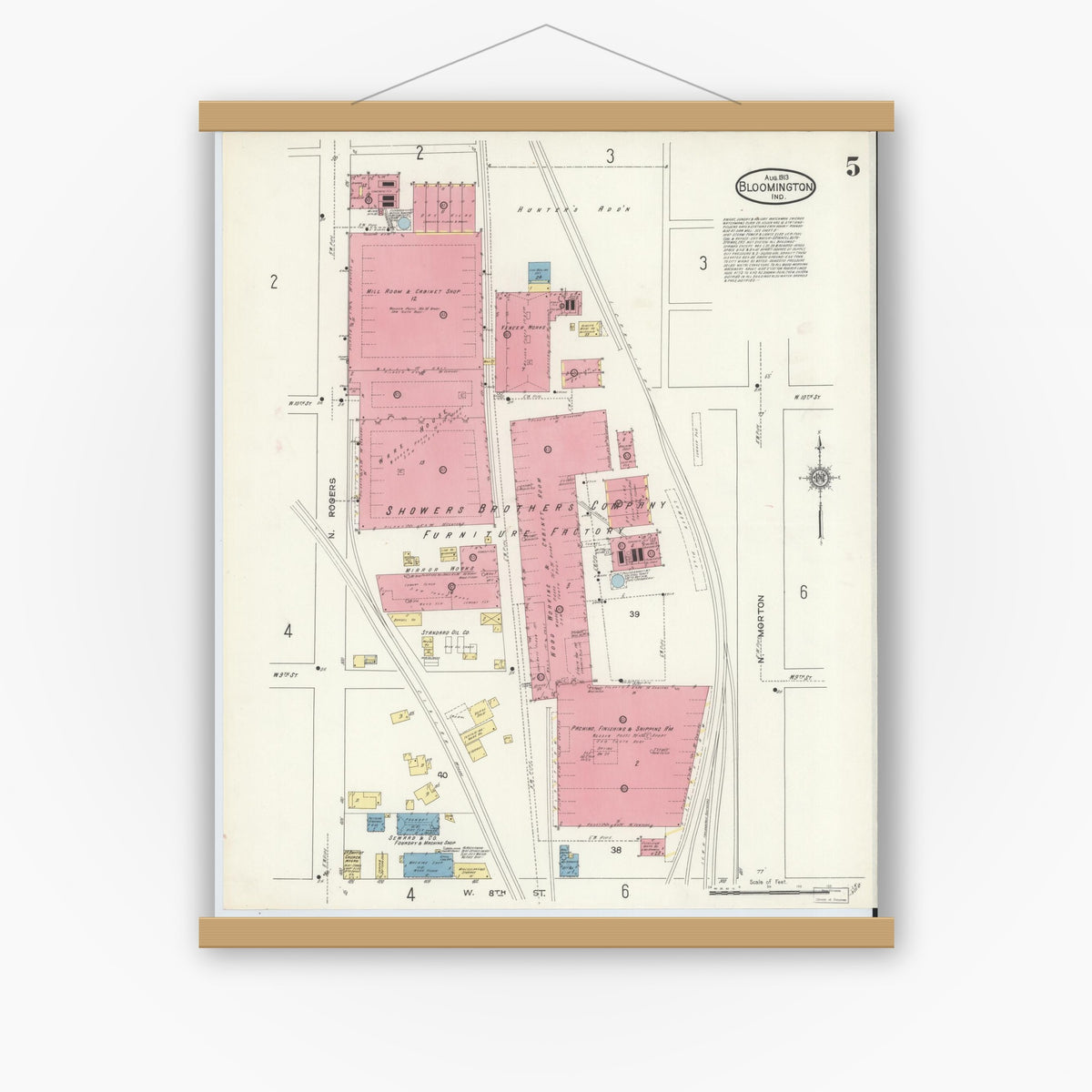 Old map wall art mockup — magnetic wood frame on white wall — Sanborn Fire Insurance Map from Bloomington, Monroe County, Indiana (1913), Sheet #0005