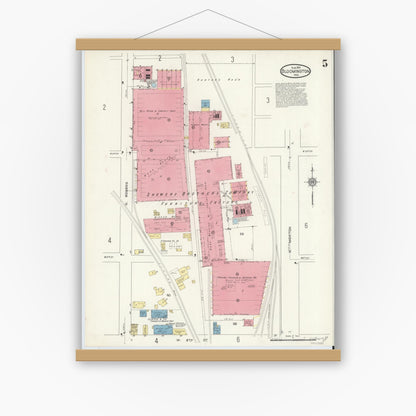 Old map wall art mockup — magnetic wood frame on white wall — Sanborn Fire Insurance Map from Bloomington, Monroe County, Indiana (1913), Sheet #0005