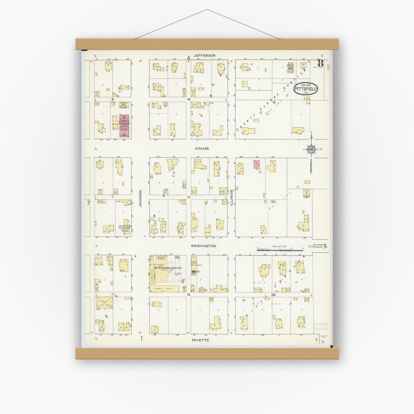Old map wall art mockup — magnetic wood frame on white wall — Sanborn Fire Insurance Map from Pittsfield, Pike County, Illinois (1913), Sheet #0008