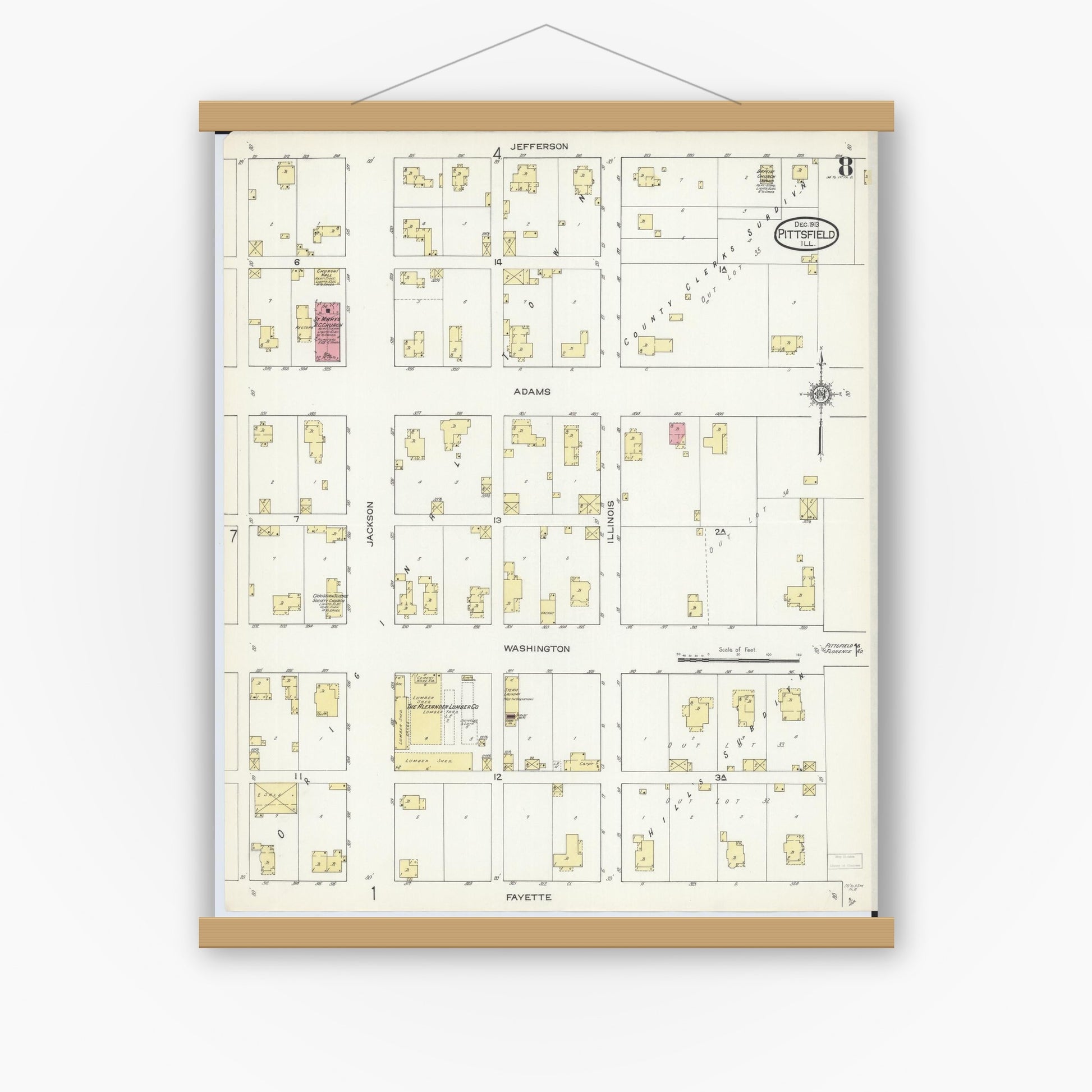 Old map wall art mockup — magnetic wood frame on white wall — Sanborn Fire Insurance Map from Pittsfield, Pike County, Illinois (1913), Sheet #0008