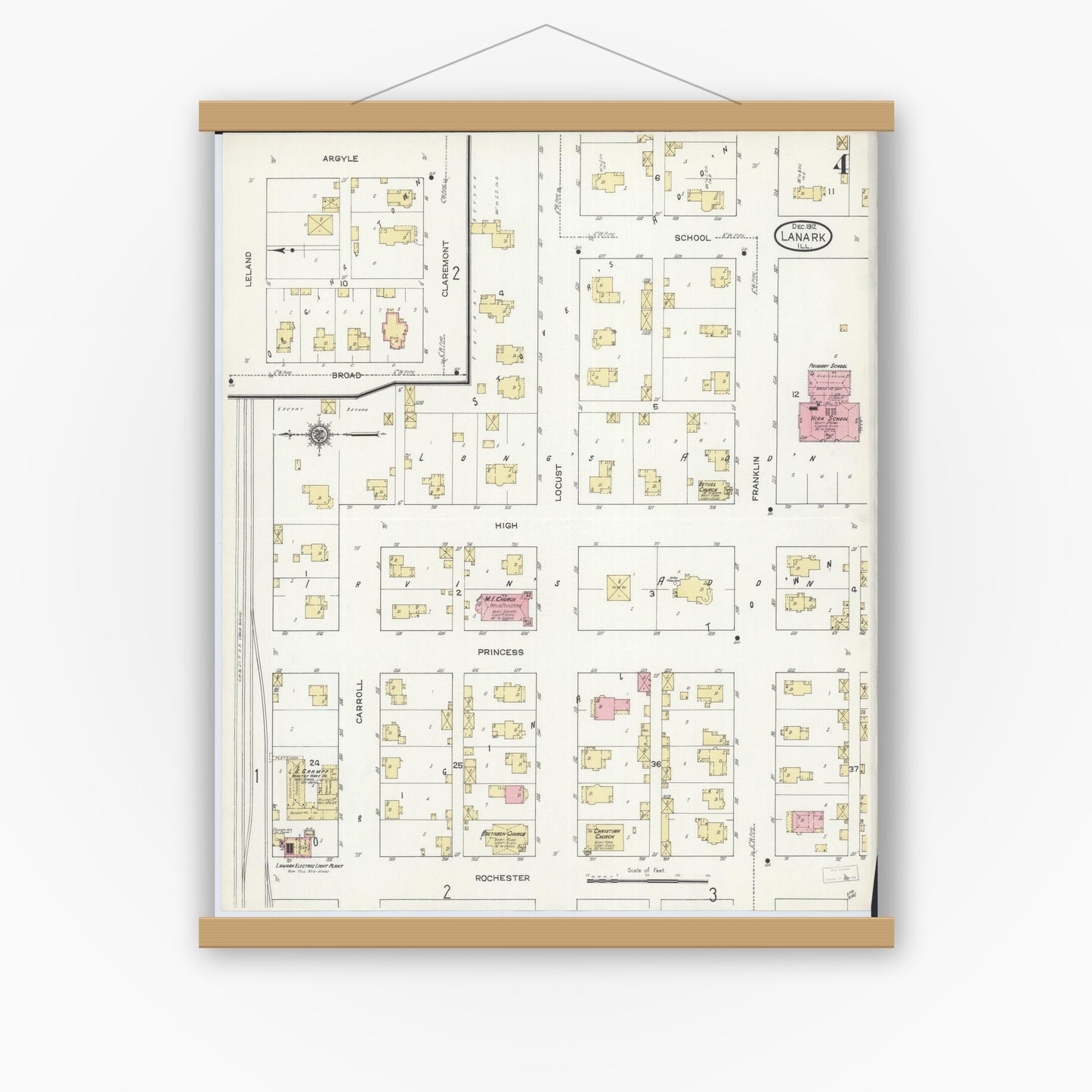 Old map wall art mockup — magnetic wood frame on white wall — Sanborn Fire Insurance Map from Lanark, Carroll County, Illinois (1912), Sheet #0004