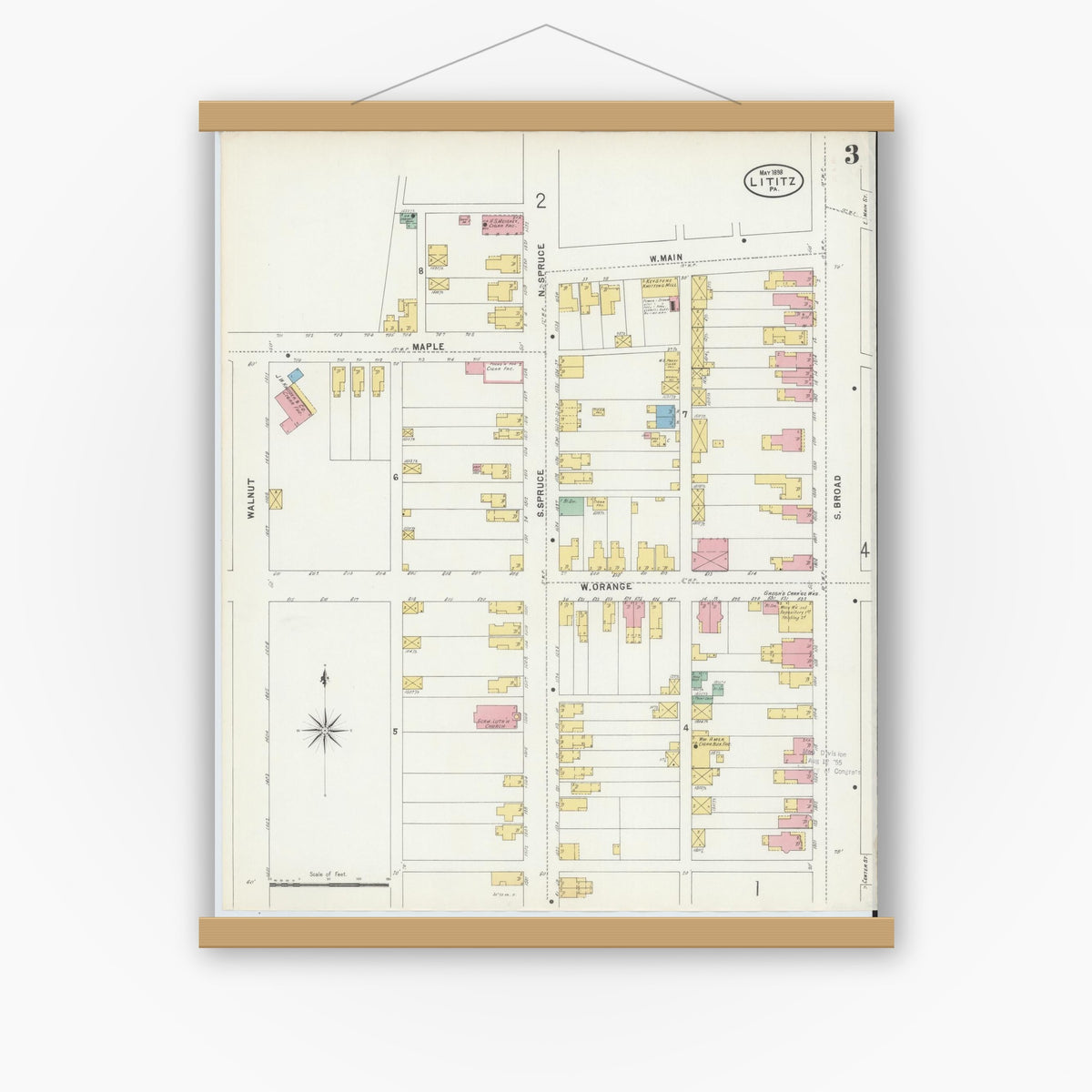 Old map wall art mockup — magnetic wood frame on white wall — Sanborn Fire Insurance Map from Lititz, Lancaster County, Pennsylvania (1898), Sheet #0003