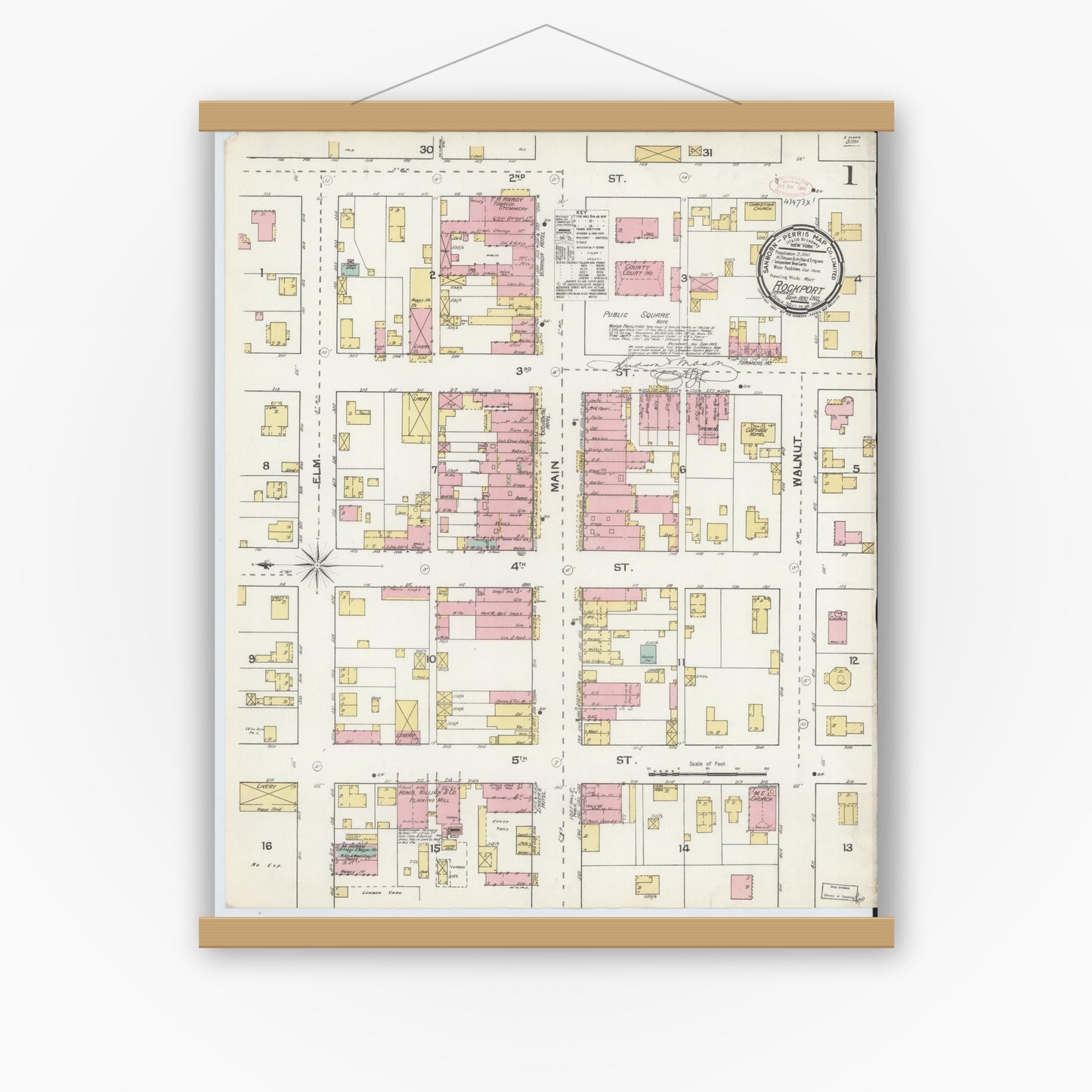 Old map wall art mockup — magnetic wood frame on white wall — Sanborn Fire Insurance Map from Rockport, Spencer County, Indiana (1892) - Complete Map Set