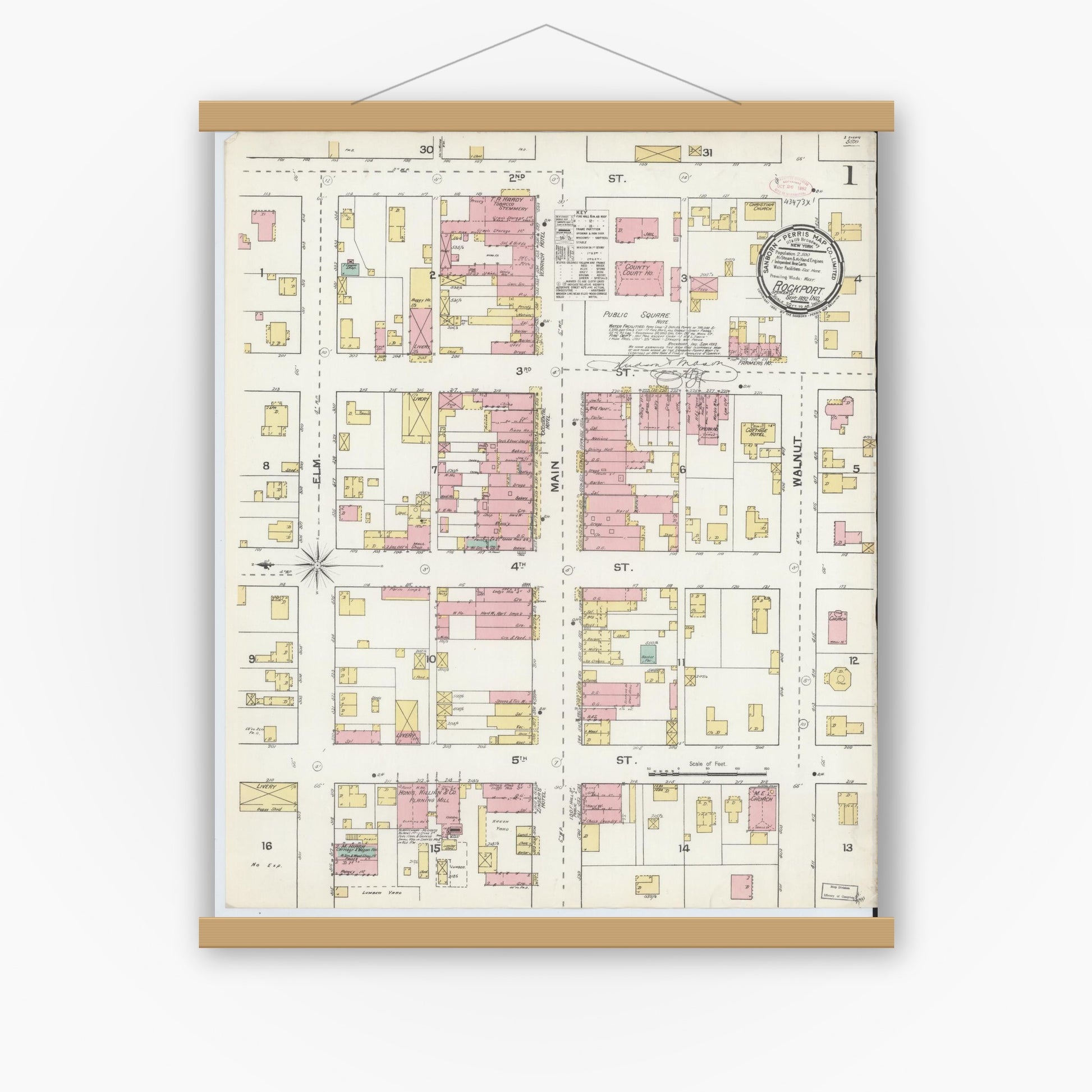 Old map wall art mockup — magnetic wood frame on white wall — Sanborn Fire Insurance Map from Rockport, Spencer County, Indiana (1892) - Complete Map Set