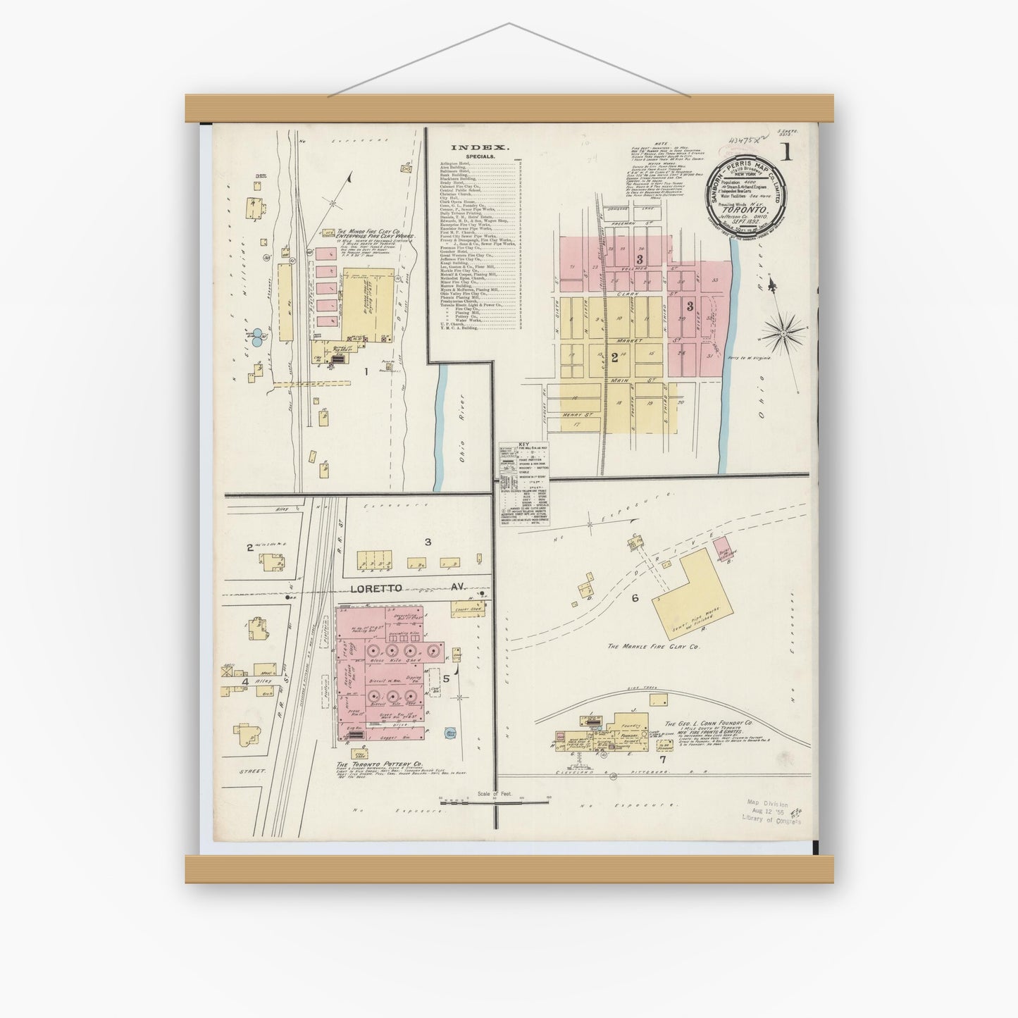 Old map wall art mockup — magnetic wood frame on white wall — Sanborn Fire Insurance Map from Toronto, Jefferson County, Ohio (1892) - Complete Map Set