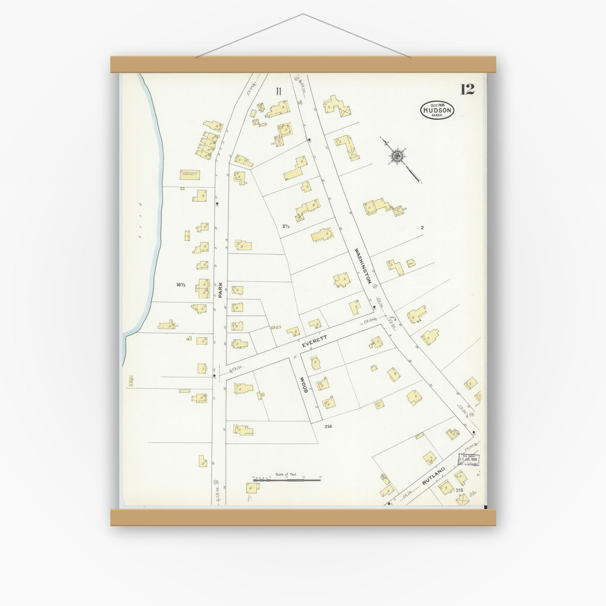 Old map wall art mockup — magnetic wood frame on white wall — Sanborn Fire Insurance Map from Hudson, Middlesex County, Massachusetts (1909), Sheet #0012