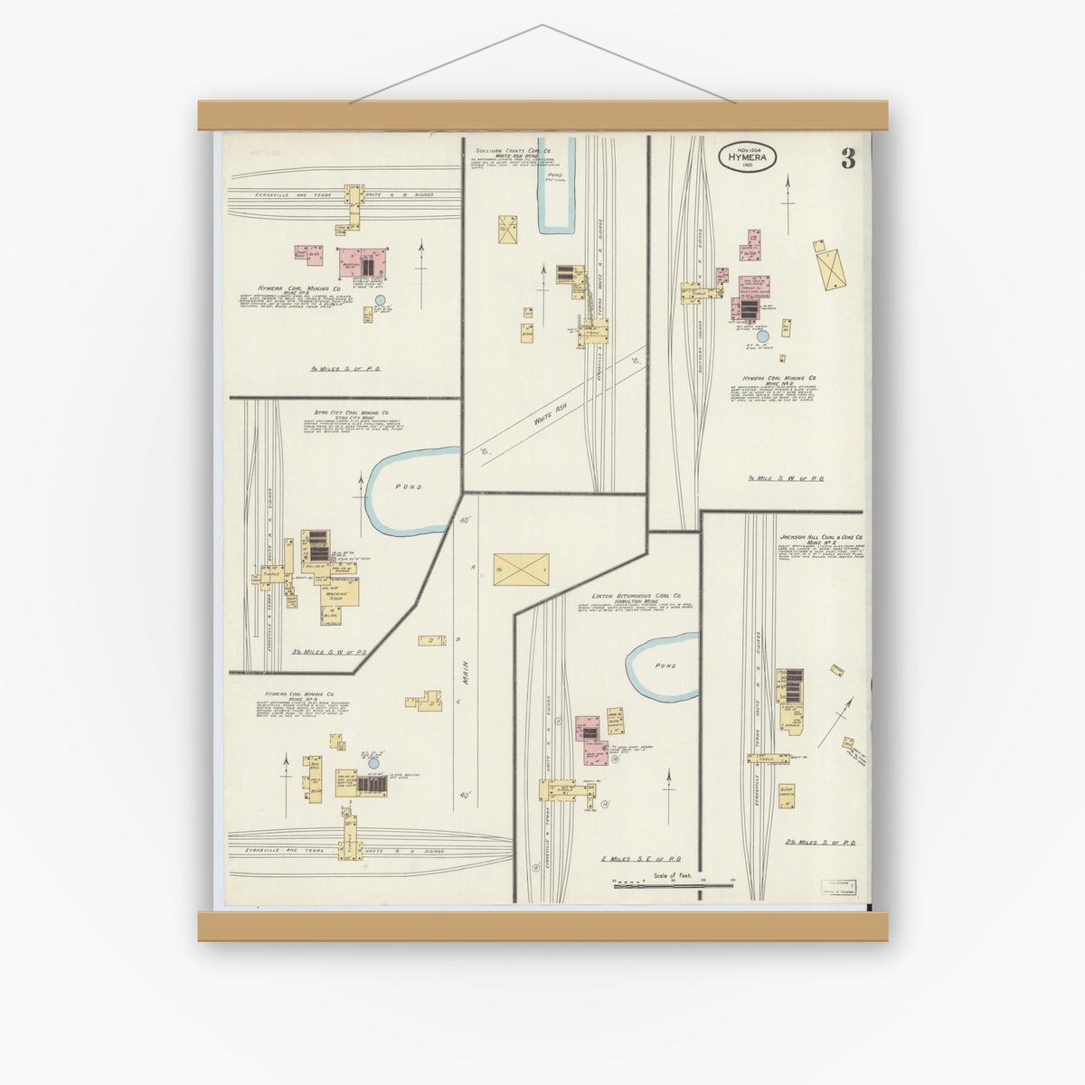 Old map wall art mockup — magnetic wood frame on white wall — Sanborn Fire Insurance Map from Hymera, Sullivan County, Indiana (1904), Sheet #0003