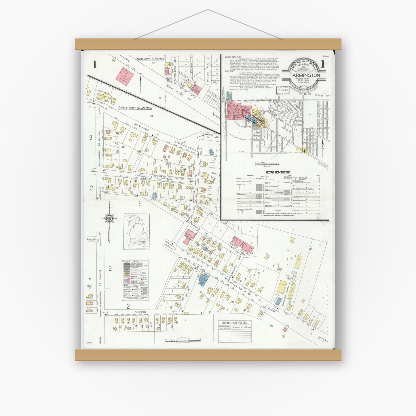 Old map wall art mockup — magnetic wood frame on white wall — Sanborn Fire Insurance Map from Farmington, Oakland County, Michigan (1933) - Complete Map Set
