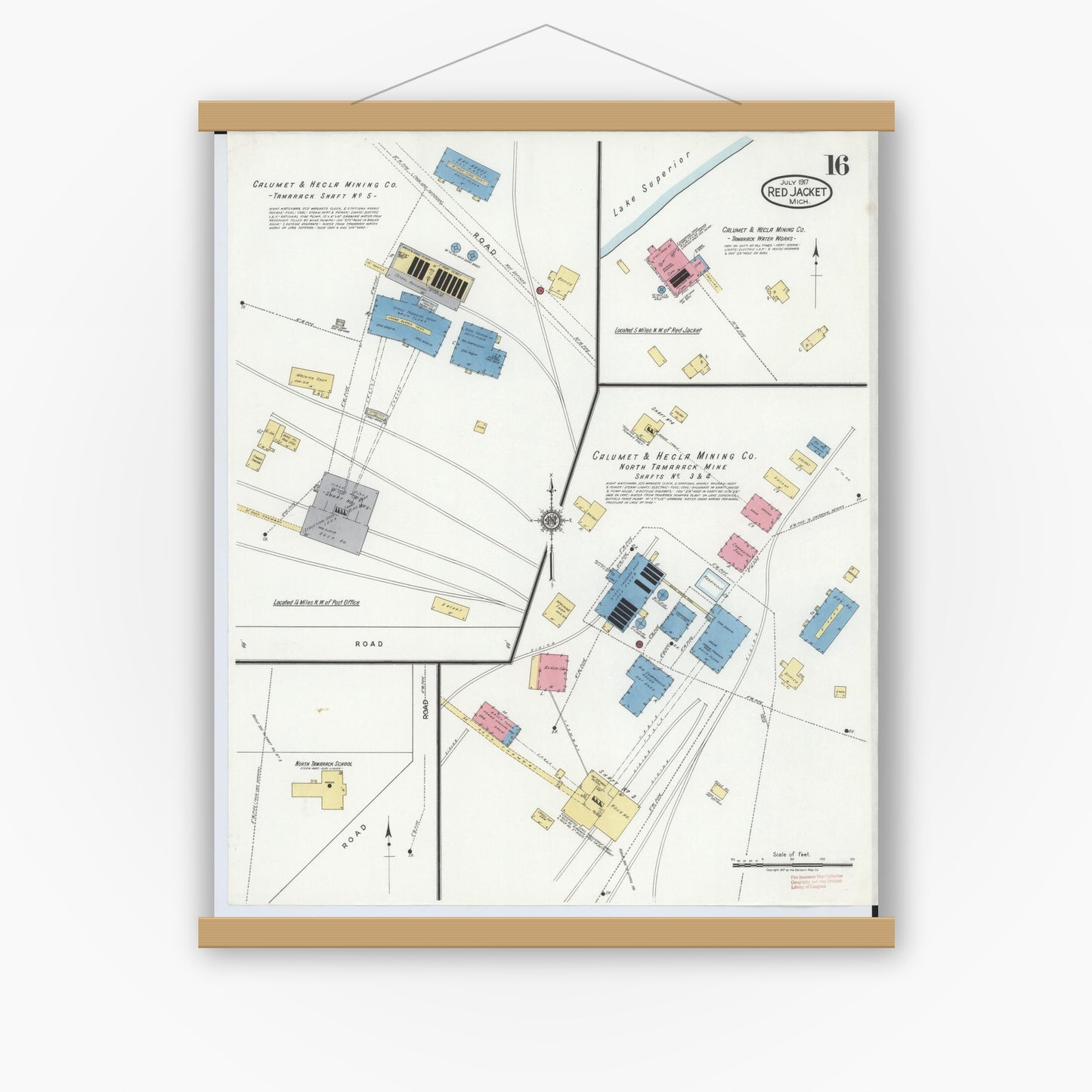 Old map wall art mockup — magnetic wood frame on white wall — Sanborn Fire Insurance Map from Red Jacket, Houghton County, Michigan (1917), Sheet #0016