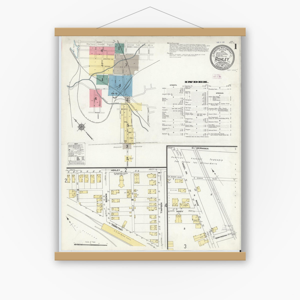 Old map wall art mockup — magnetic wood frame on white wall — Sanborn Fire Insurance Map from Ashley, Luzerne County, Pennsylvania (1911), Sheet #0001