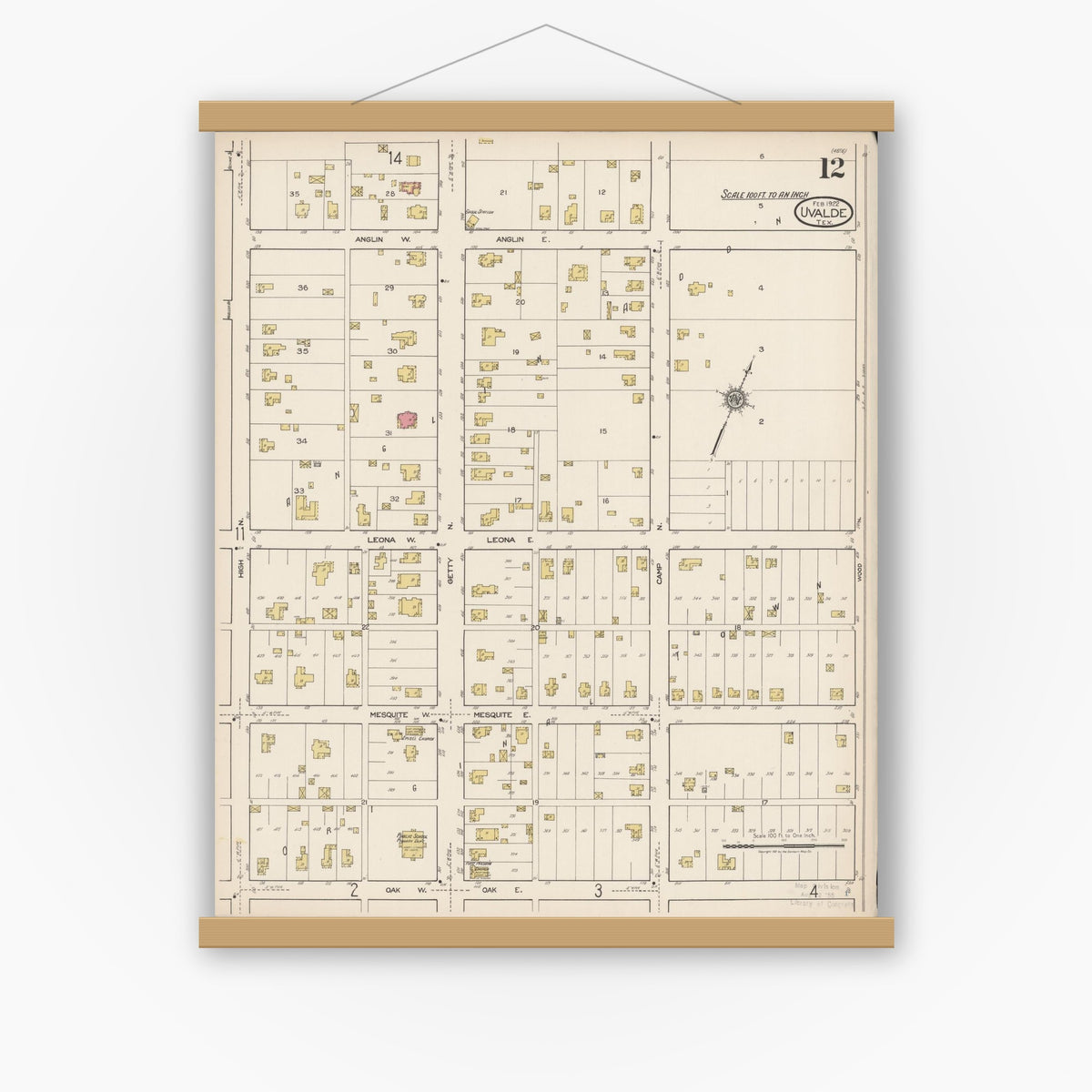 Old map wall art mockup — magnetic wood frame on white wall — Sanborn Fire Insurance Map from Uvalde, Uvalde County, Texas (1922), Sheet #0012