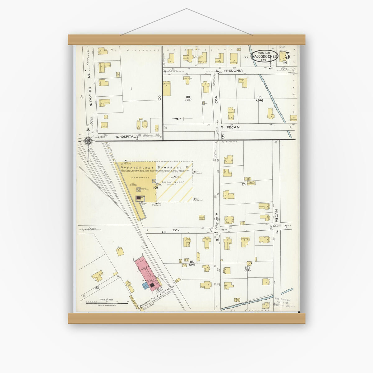 Old map wall art mockup — magnetic wood frame on white wall — Sanborn Fire Insurance Map from Nacogdoches, Nacogdoches County, Texas (1921), Sheet #0005